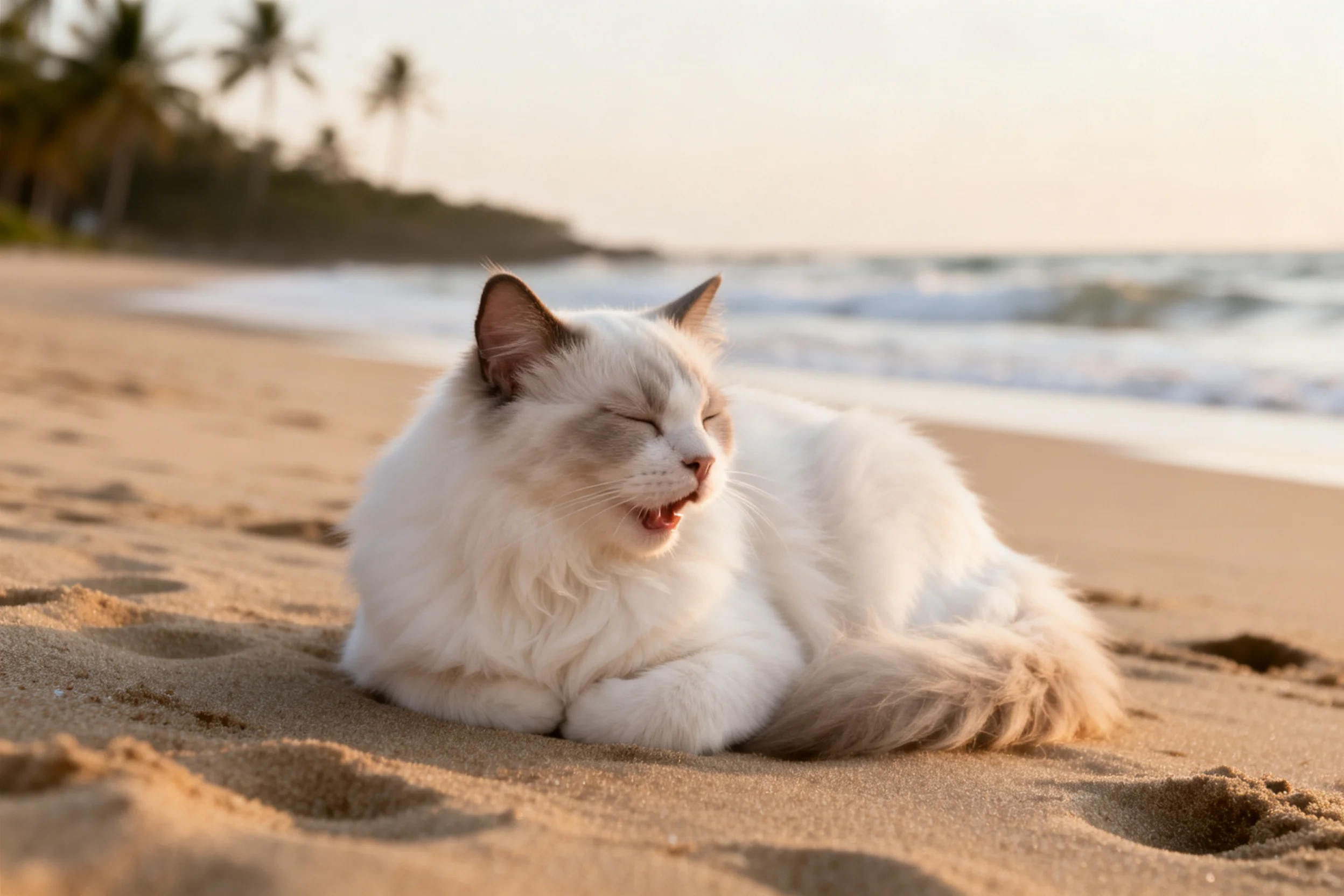 一只布偶猫趴在沙滩上,白色毛发搭配浅棕色斑纹,嘴巴微微张开。