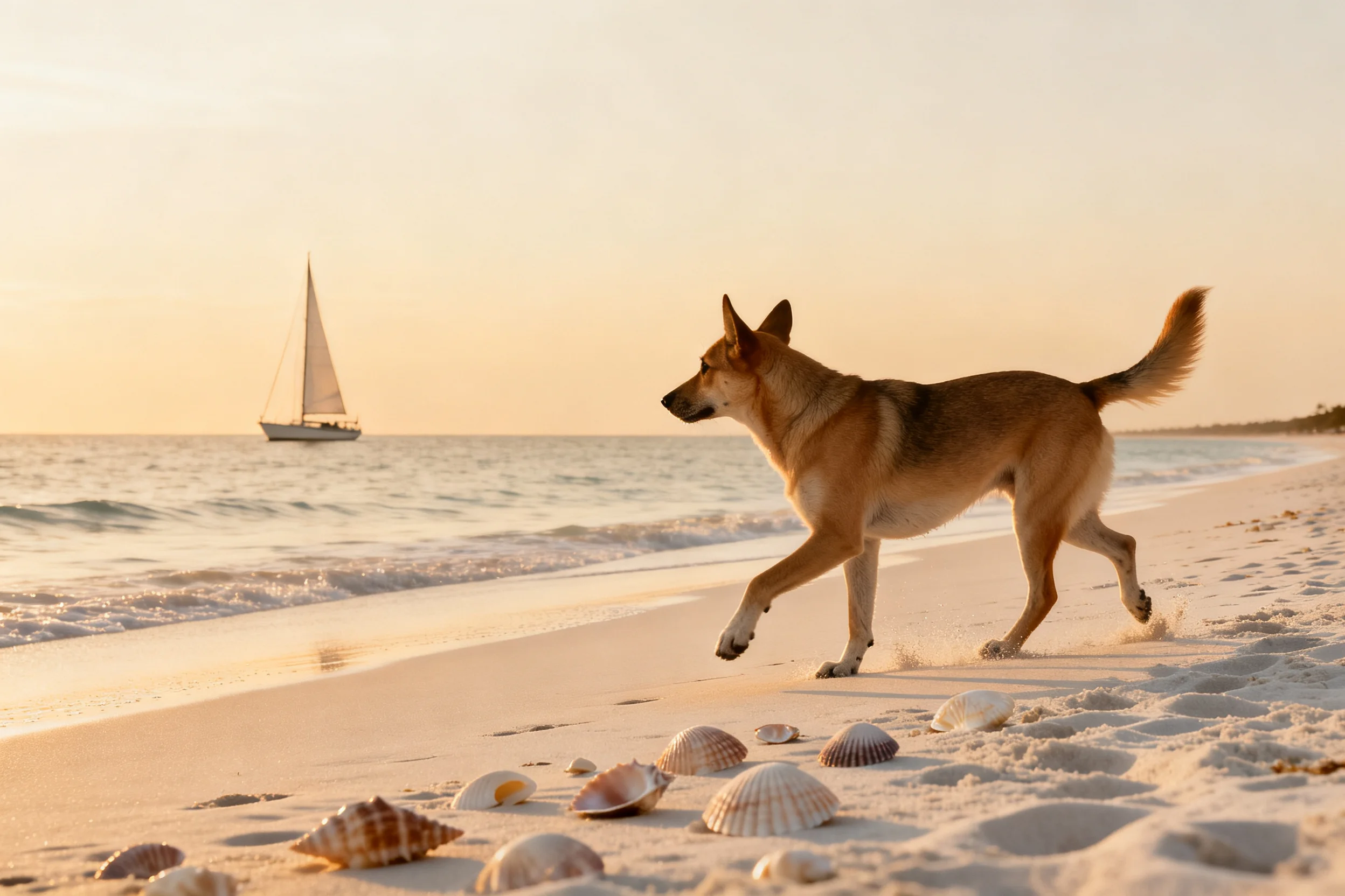 德国牧羊犬在海滩上奔跑,浅棕色皮毛在夕阳下清晰可见,周围分布着各类贝壳。