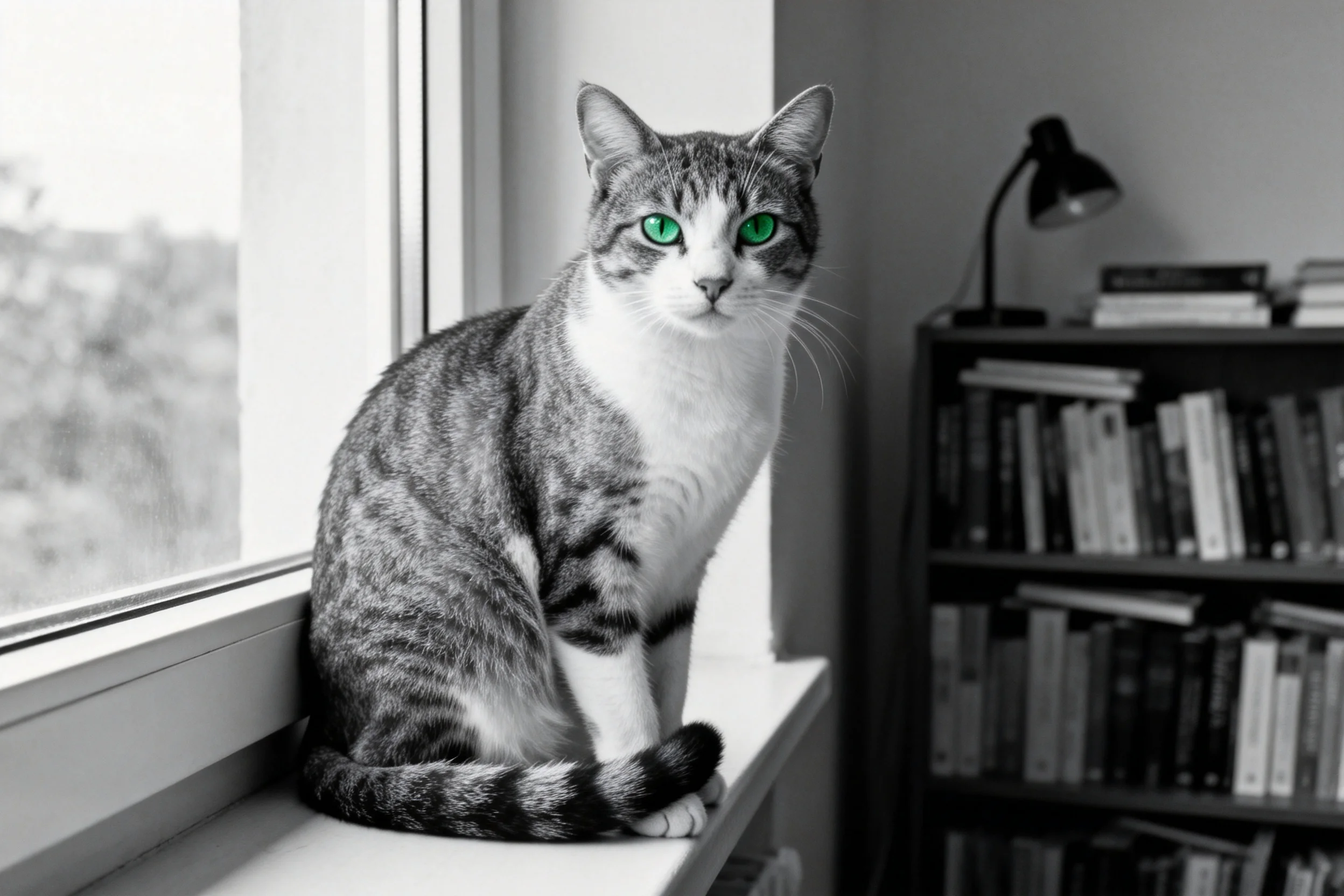 短毛虎斑猫直视镜头,绿色眼睛清晰明亮,皮毛呈现出典型的虎斑纹理。