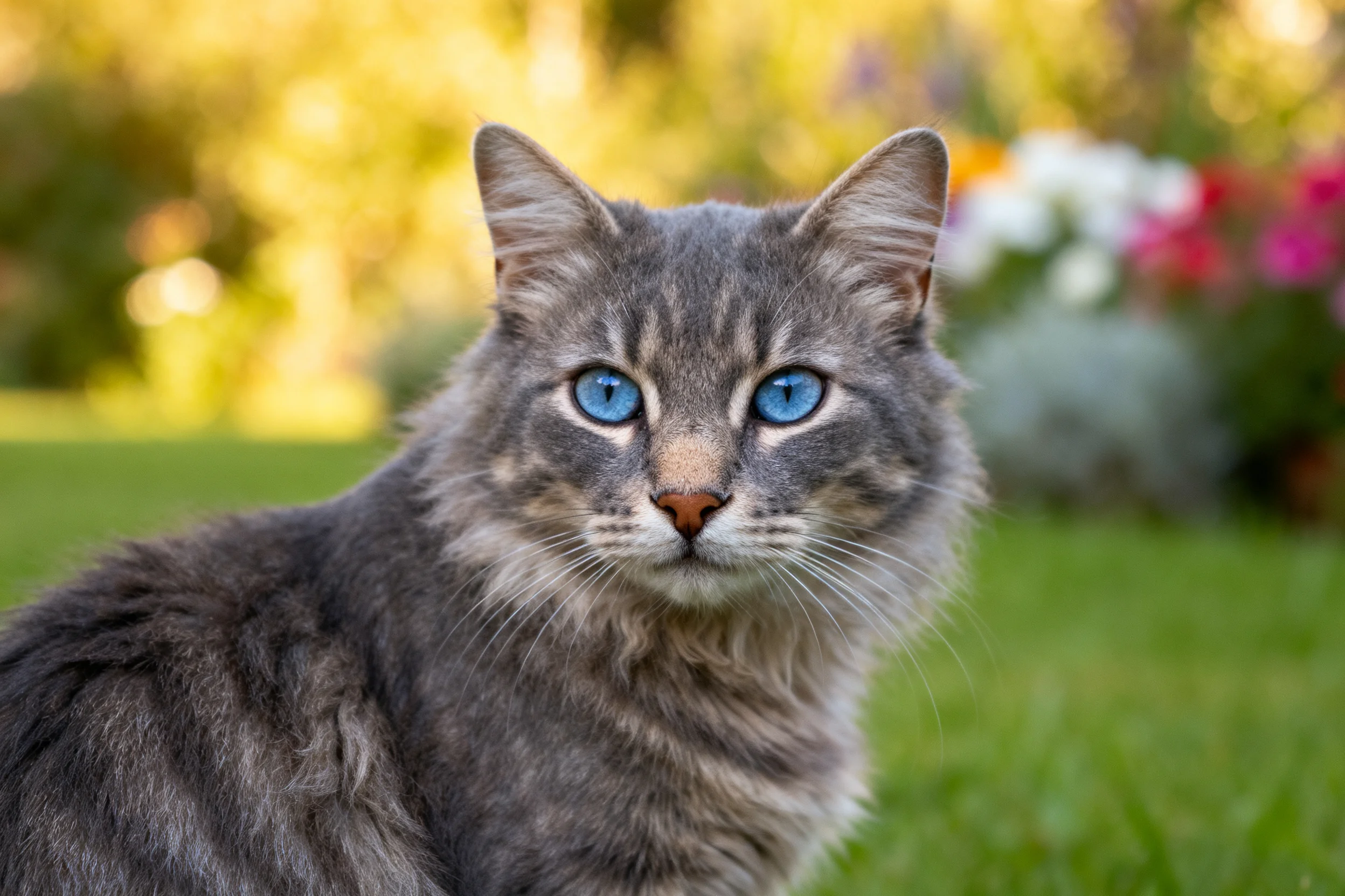 虎斑长毛猫拥有明亮的蓝色眼睛,灰色虎斑毛发纹理清晰可见。