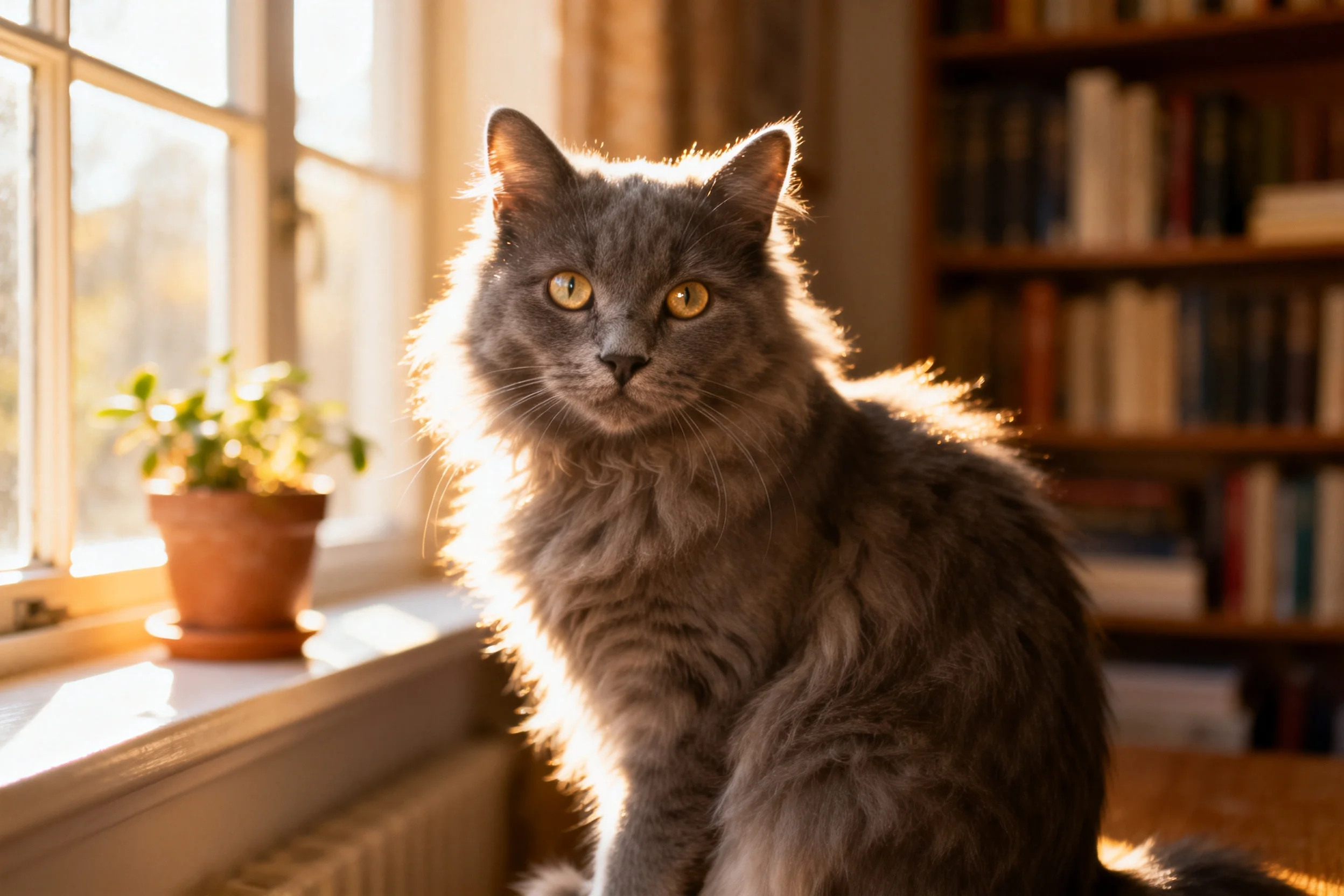 一只灰色英国长毛猫在窗边暖光下,有着蓬松柔软的灰色毛发和明亮的金色眼睛。