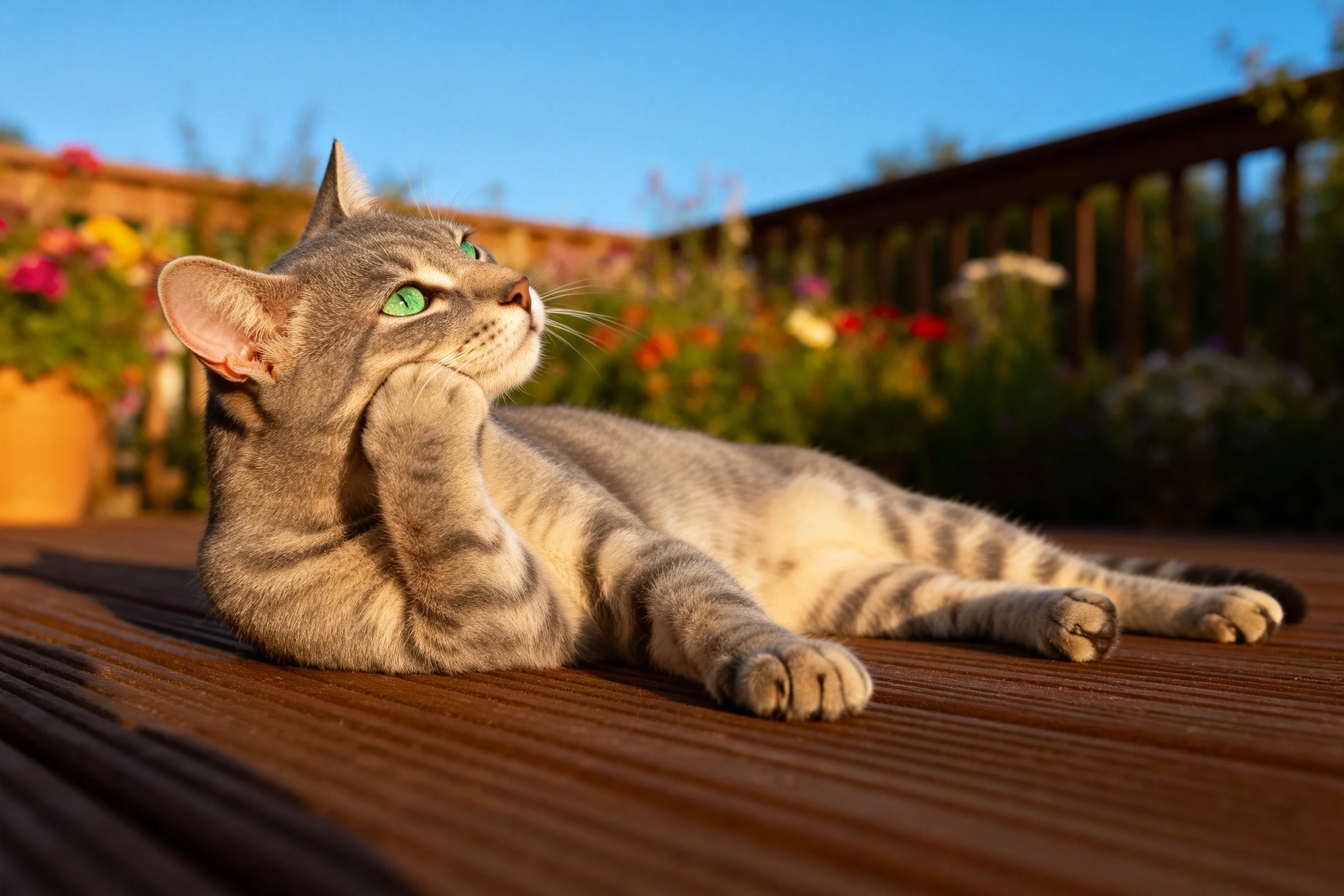 灰虎斑短毛猫将前爪轻触脸部,浅灰色带深色条纹的被毛在阳光下显得柔软顺滑。