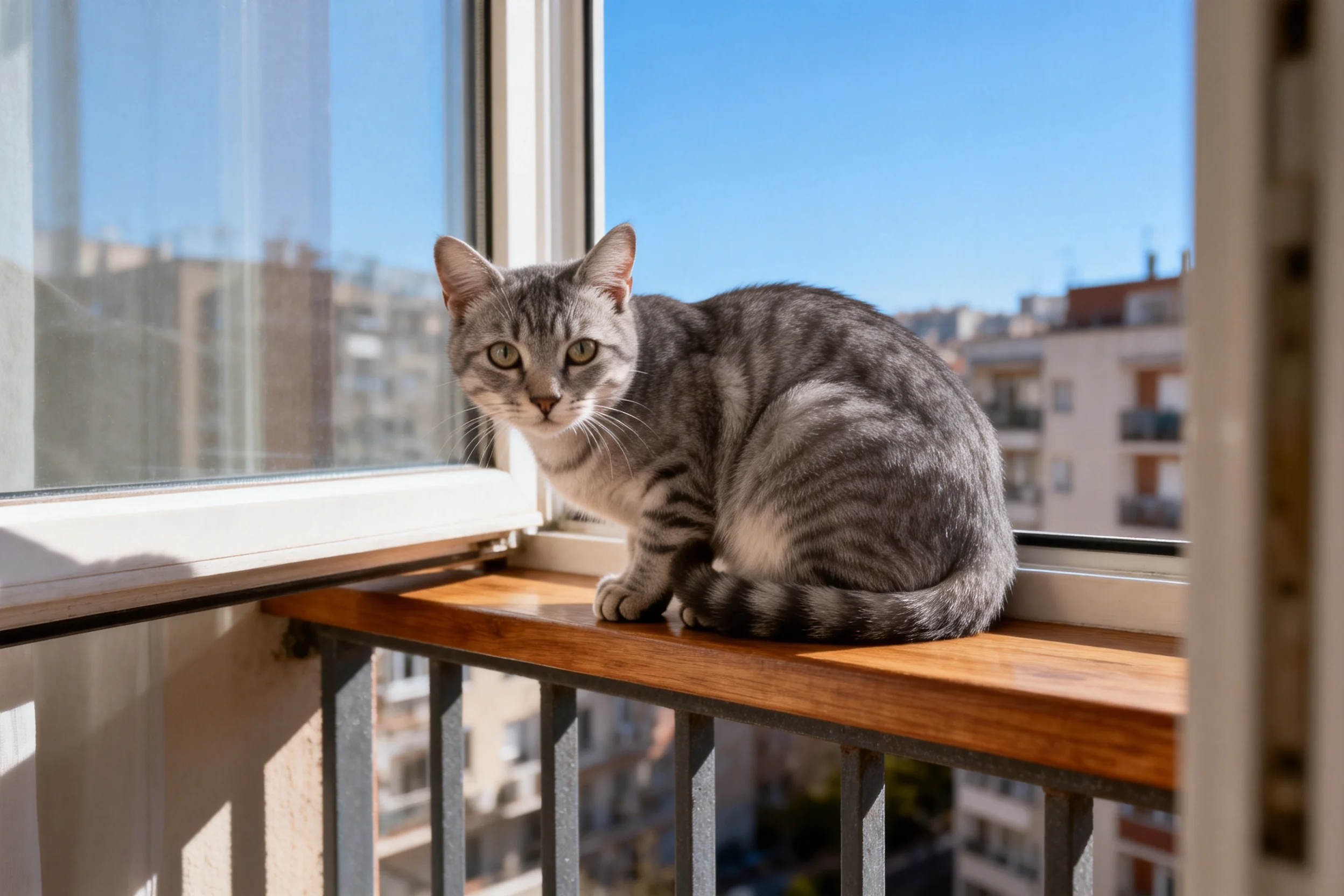灰虎斑短毛猫安静地坐在阳台木质窗台上,绿色眼睛明亮,身上条纹清晰可见。