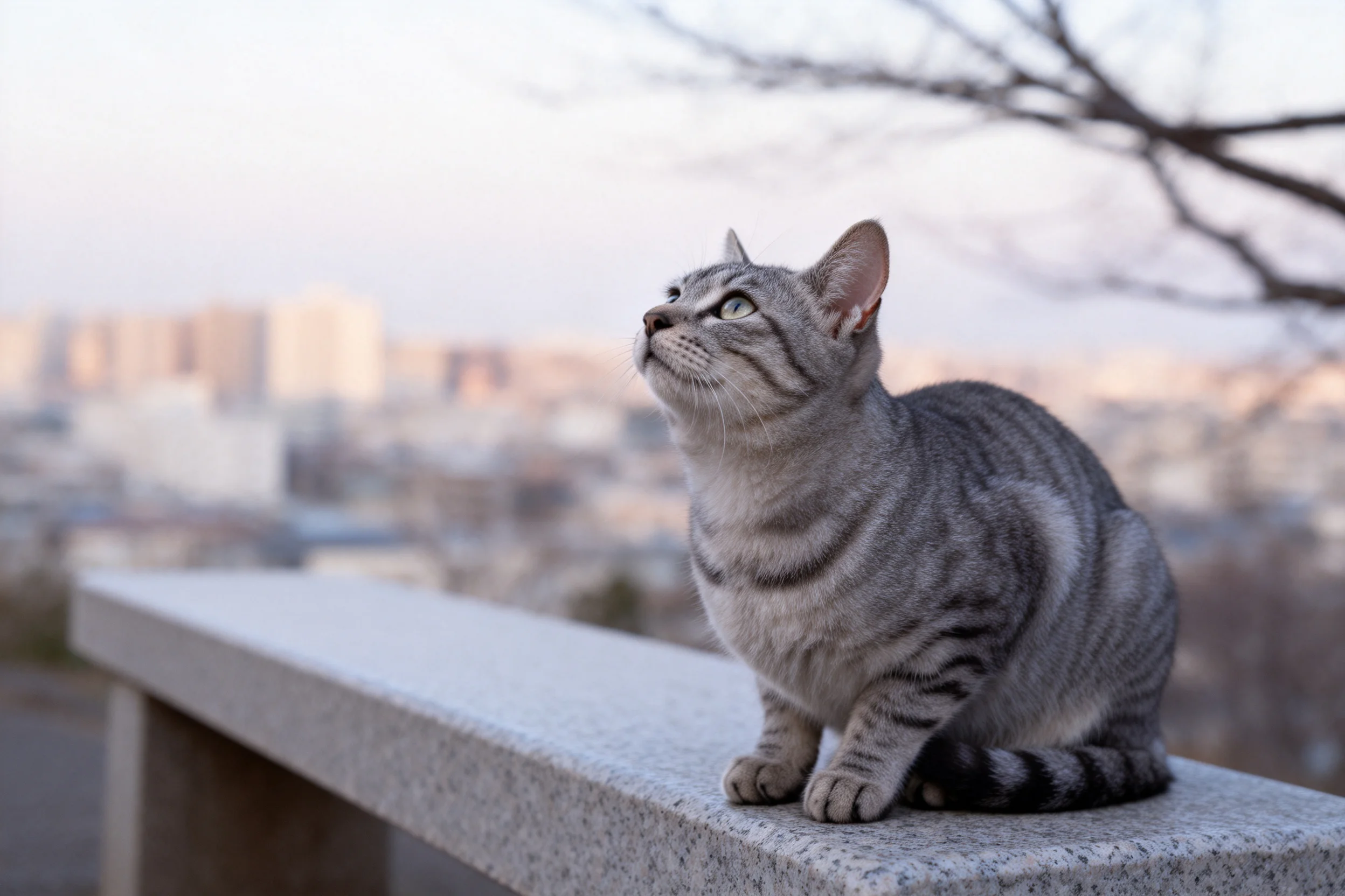 虎斑短毛猫正坐在石制平台上，灰黑相间的虎斑花纹清晰，它正凝视着远方，眼睛明亮有神。