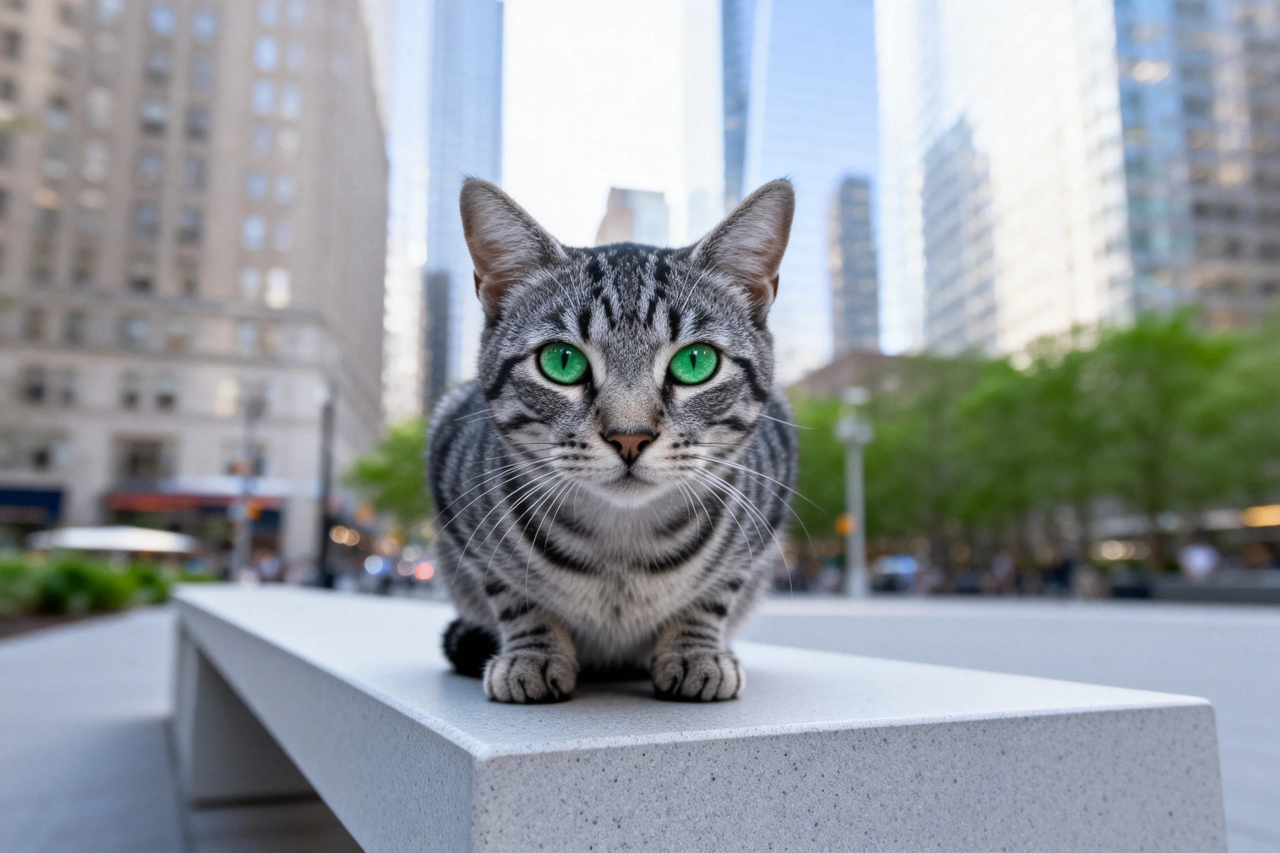虎斑短毛猫拥有清晰的条纹花纹与明亮的绿色眼睛，正安静地坐在城市广场的石凳上。