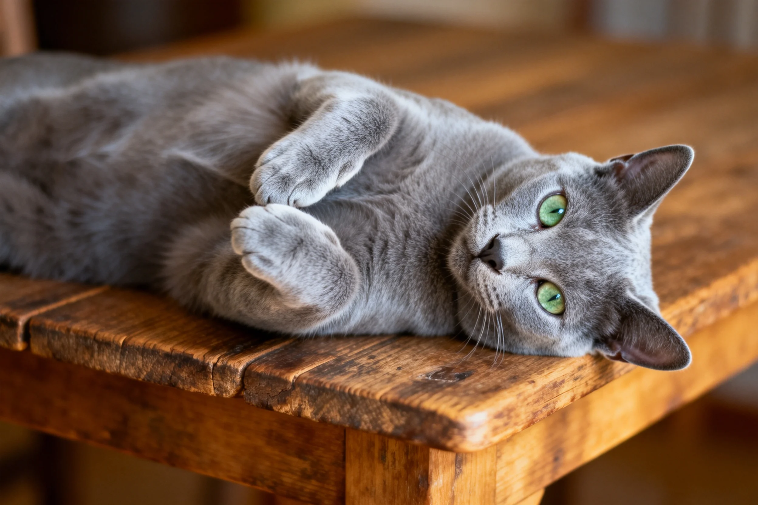 俄罗斯蓝猫有着短而顺滑的灰蓝色被毛,明亮绿色眼睛注视前方,安静地趴在木质桌面上。