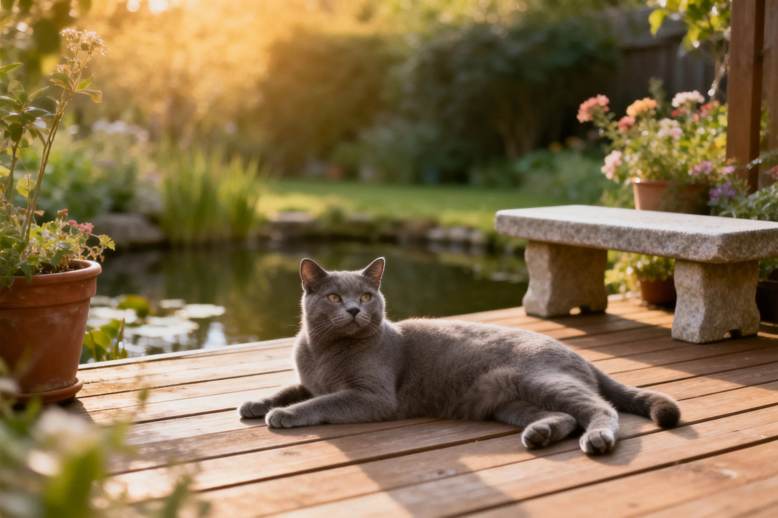 一只灰色的英国短毛猫趴在花园木平台上,其浓密的灰色被毛清晰可见。