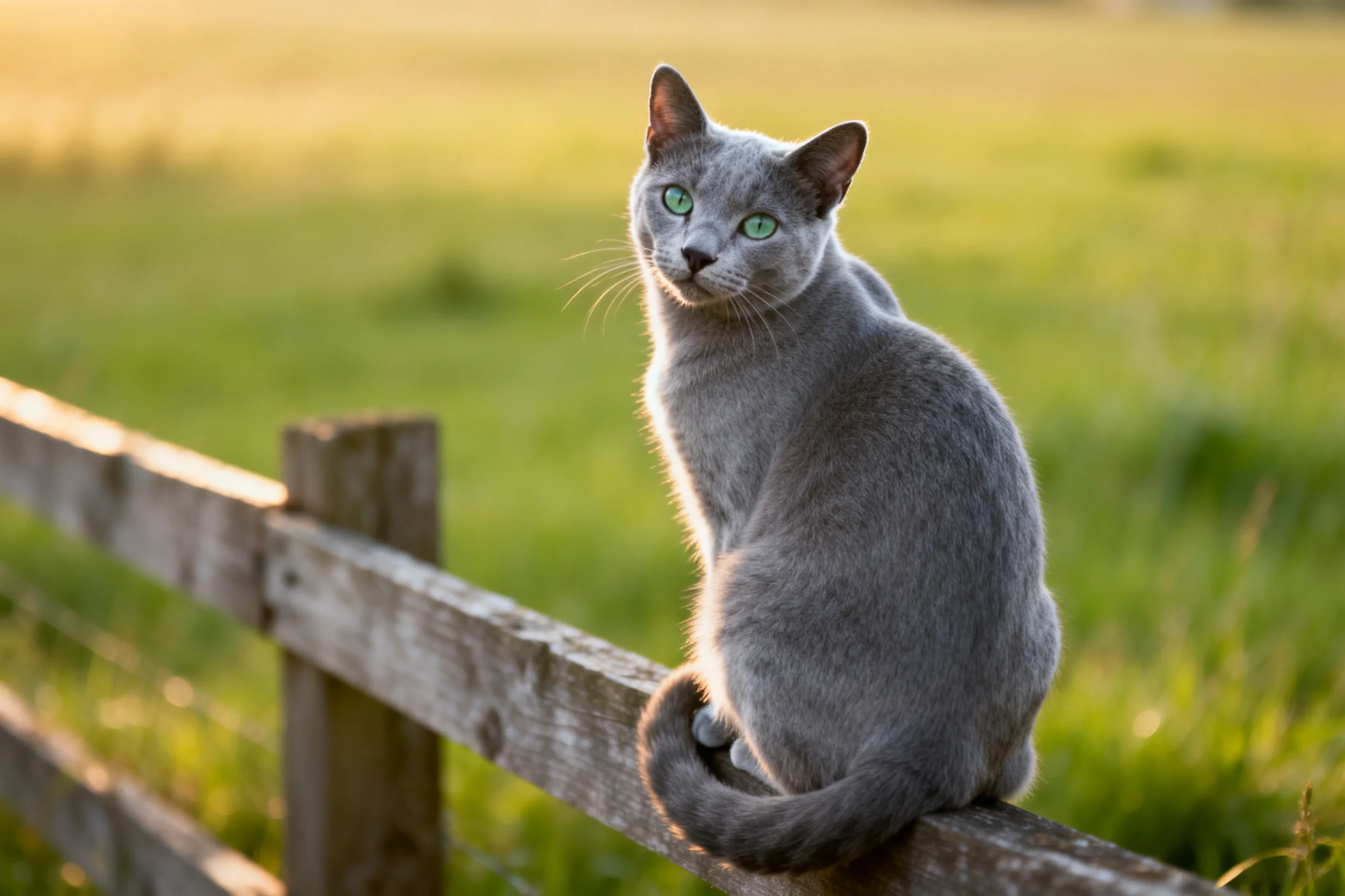俄罗斯蓝猫有着蓝灰色毛发和翠绿色眼睛,安静地坐在木栅栏上,目光平静看向镜头方向。