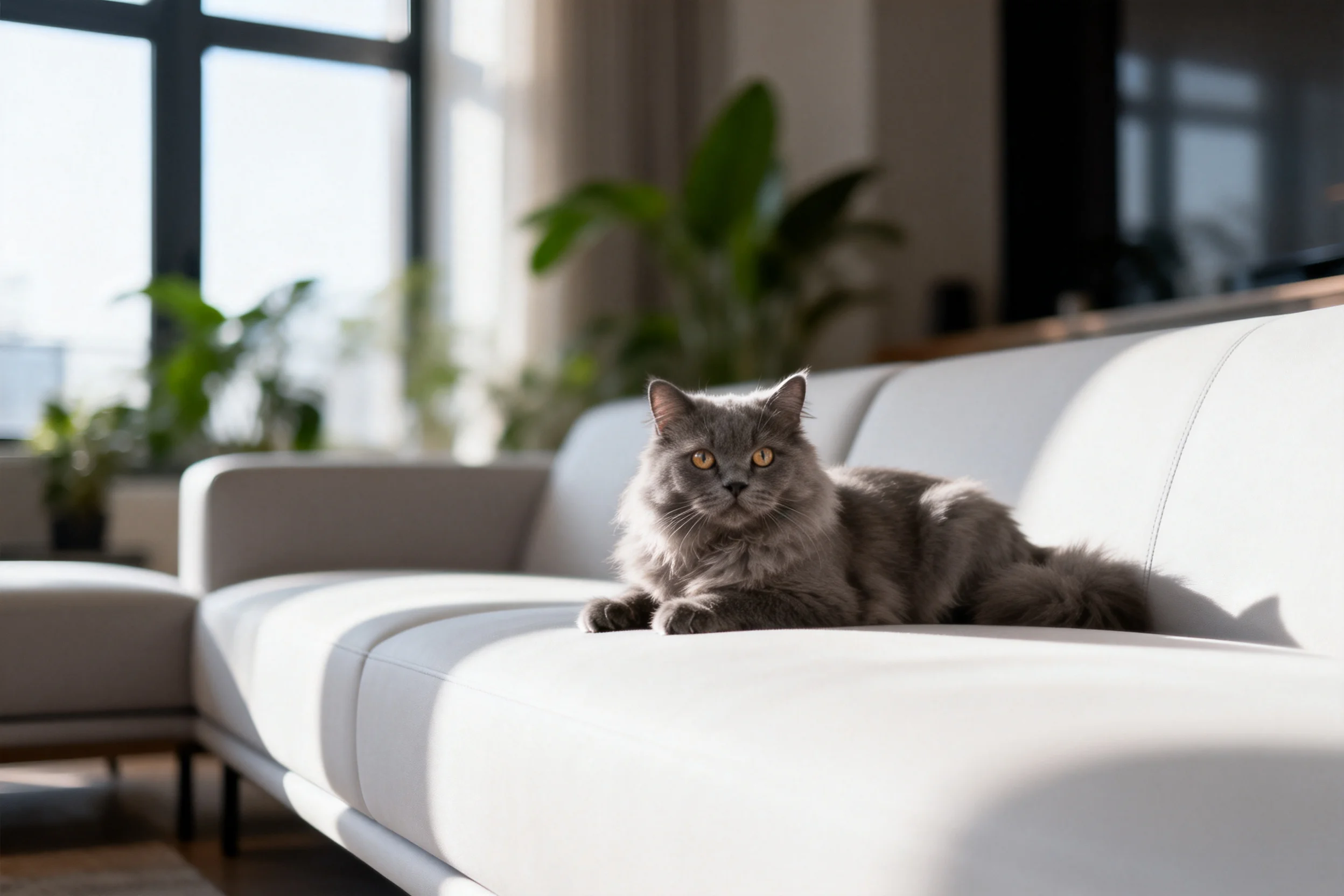 一只英国长毛猫有着浓密的灰色毛发,正安静地趴在浅灰色沙发上,黄色眼睛注视前方。