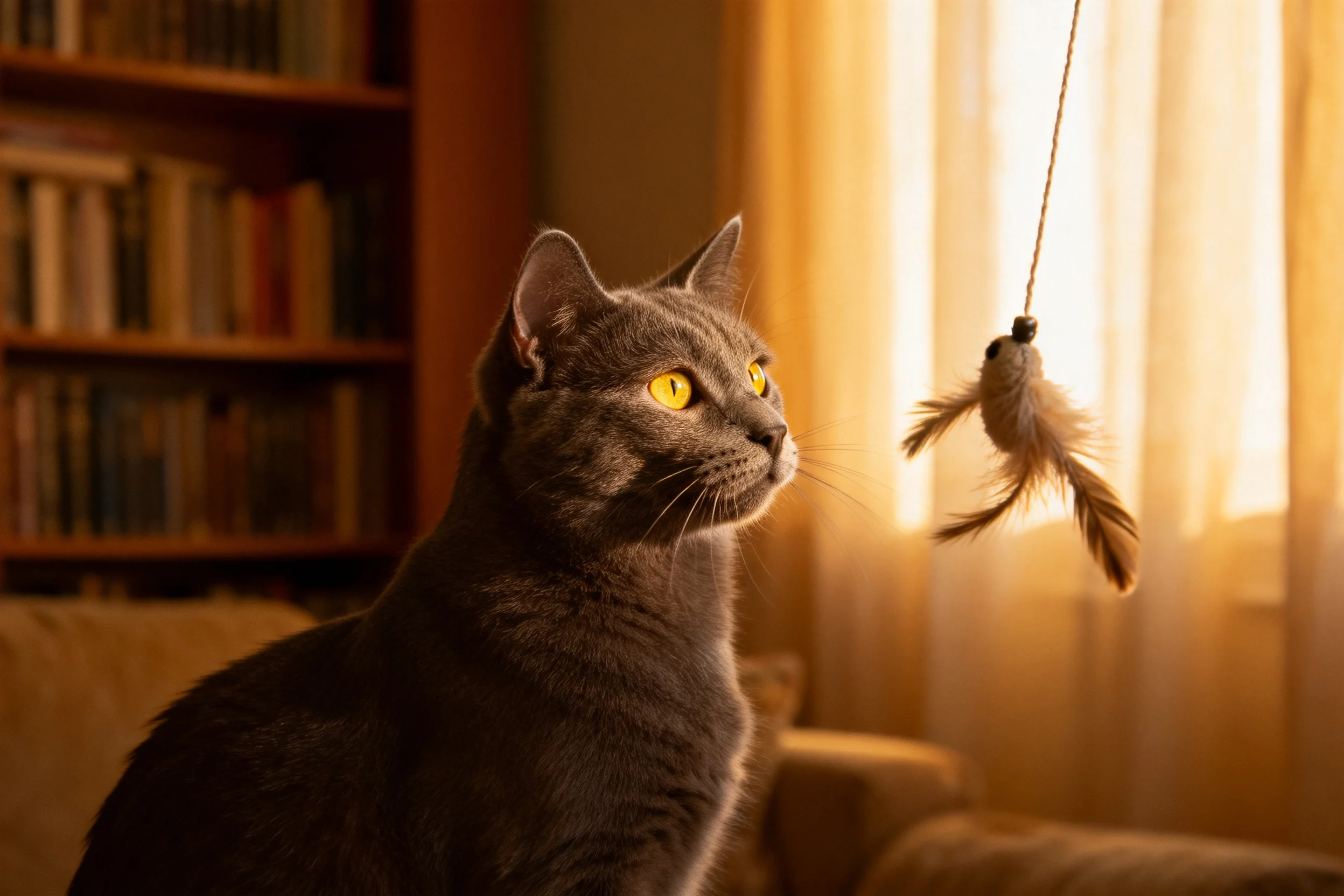 英国短毛猫黄色眼眸注视着悬挂的羽毛玩具,灰色被毛柔软顺滑,胡须清晰可见。