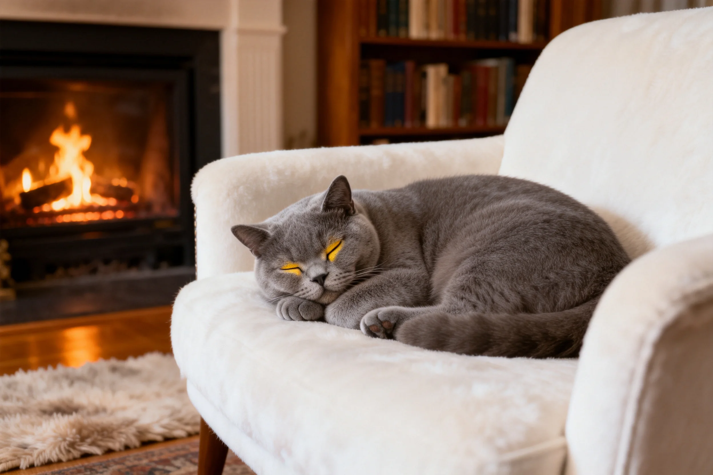 英国短毛猫安静地趴在白色扶手椅上，灰色被毛柔软且蓬松。