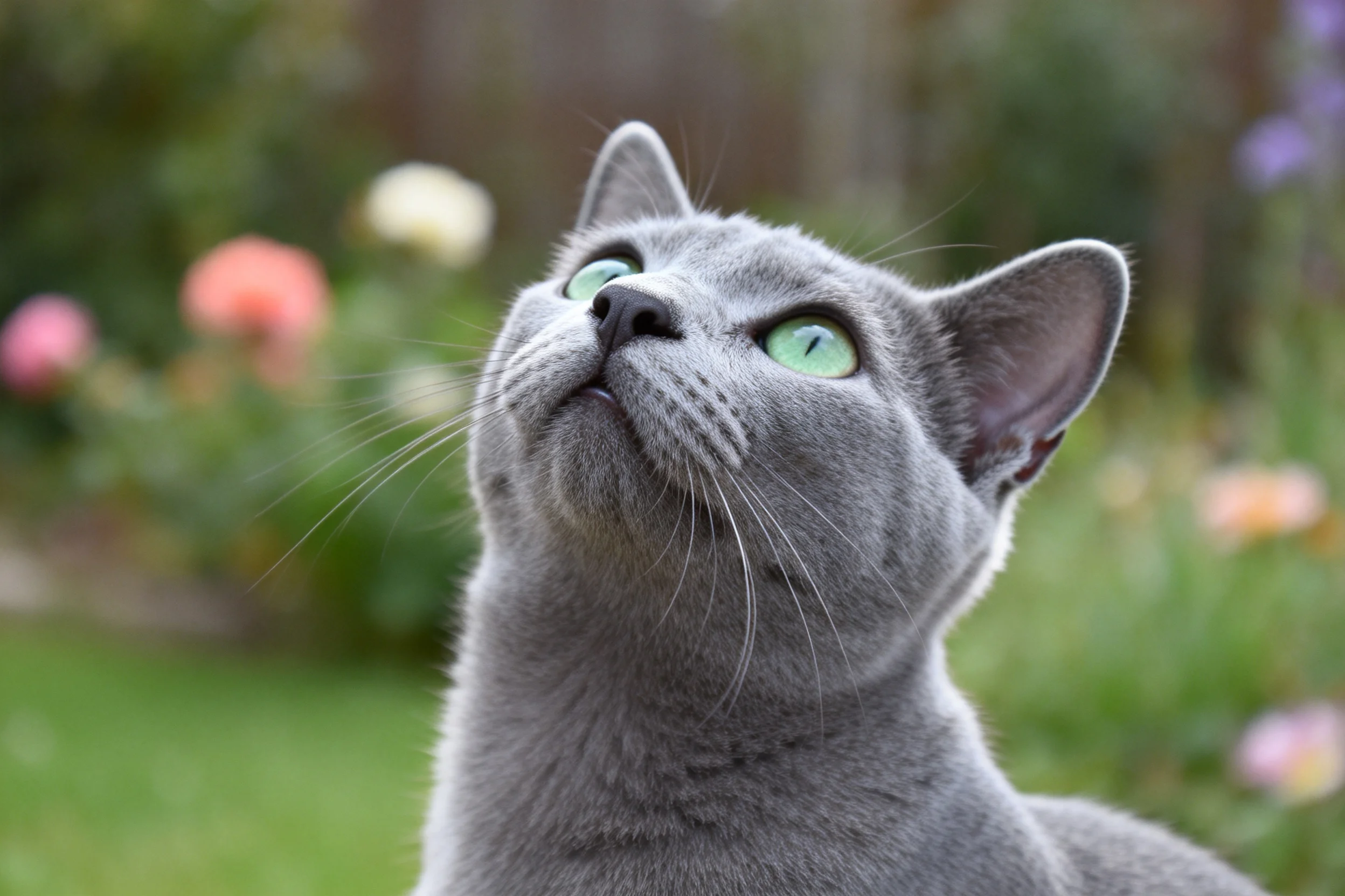 英短蓝猫拥有明亮的绿色眼眸和柔软的灰色被毛,正抬头凝凝凝望。