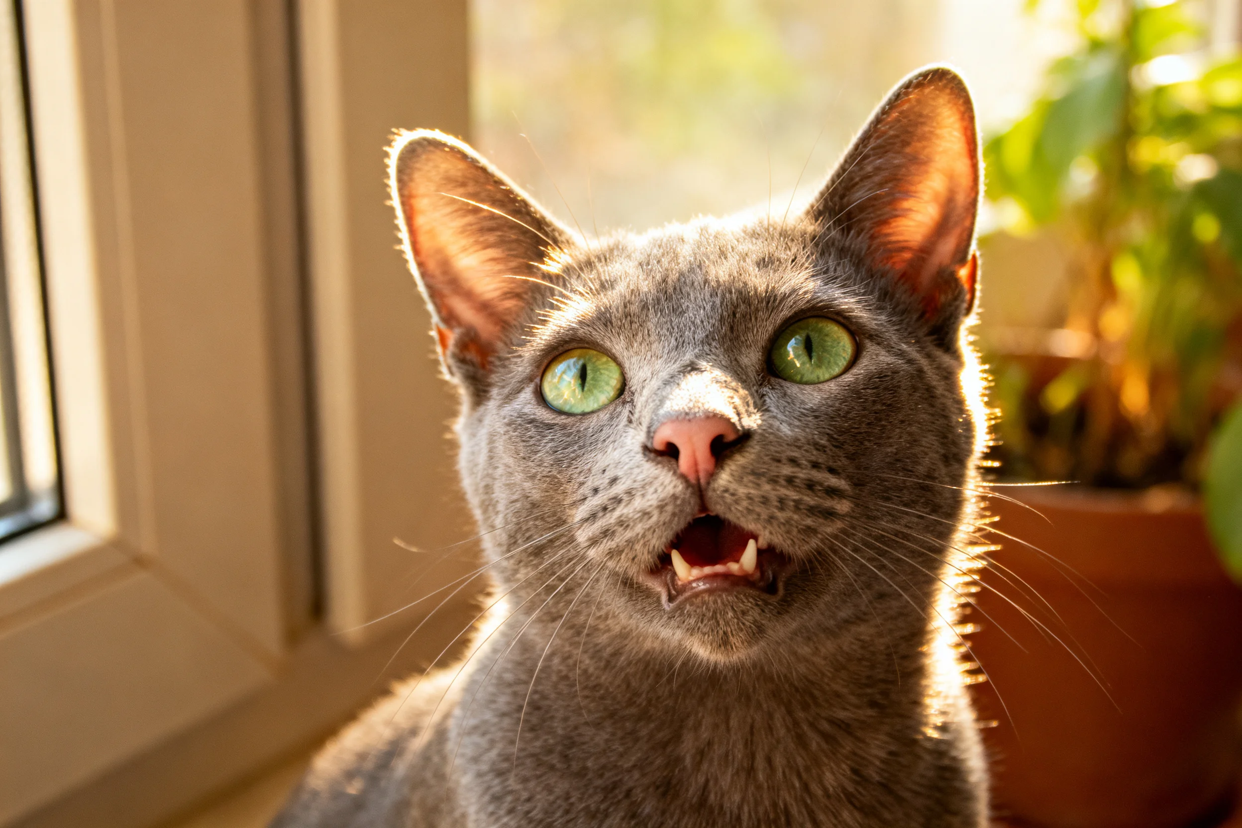英国短毛猫有着浓密灰色被毛和明亮绿色眼睛,嘴巴微张处于发声状态。