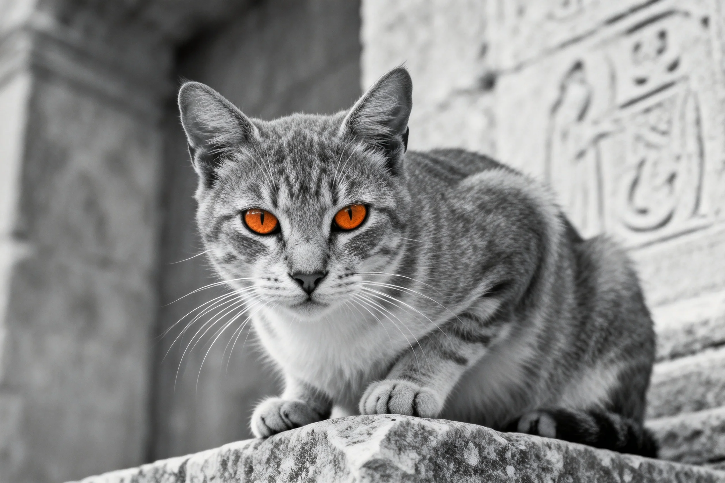 短毛虎斑猫安静地趴在石质台阶边缘,橙红色眼睛清晰可见,毛发短而整齐。