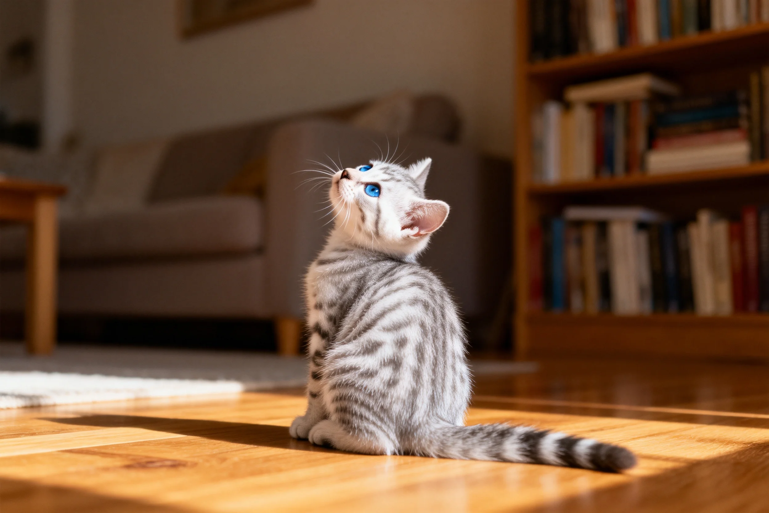 银虎斑短毛猫抬头凝视,蓝眼睛明亮,银灰色虎斑皮毛清晰可见。