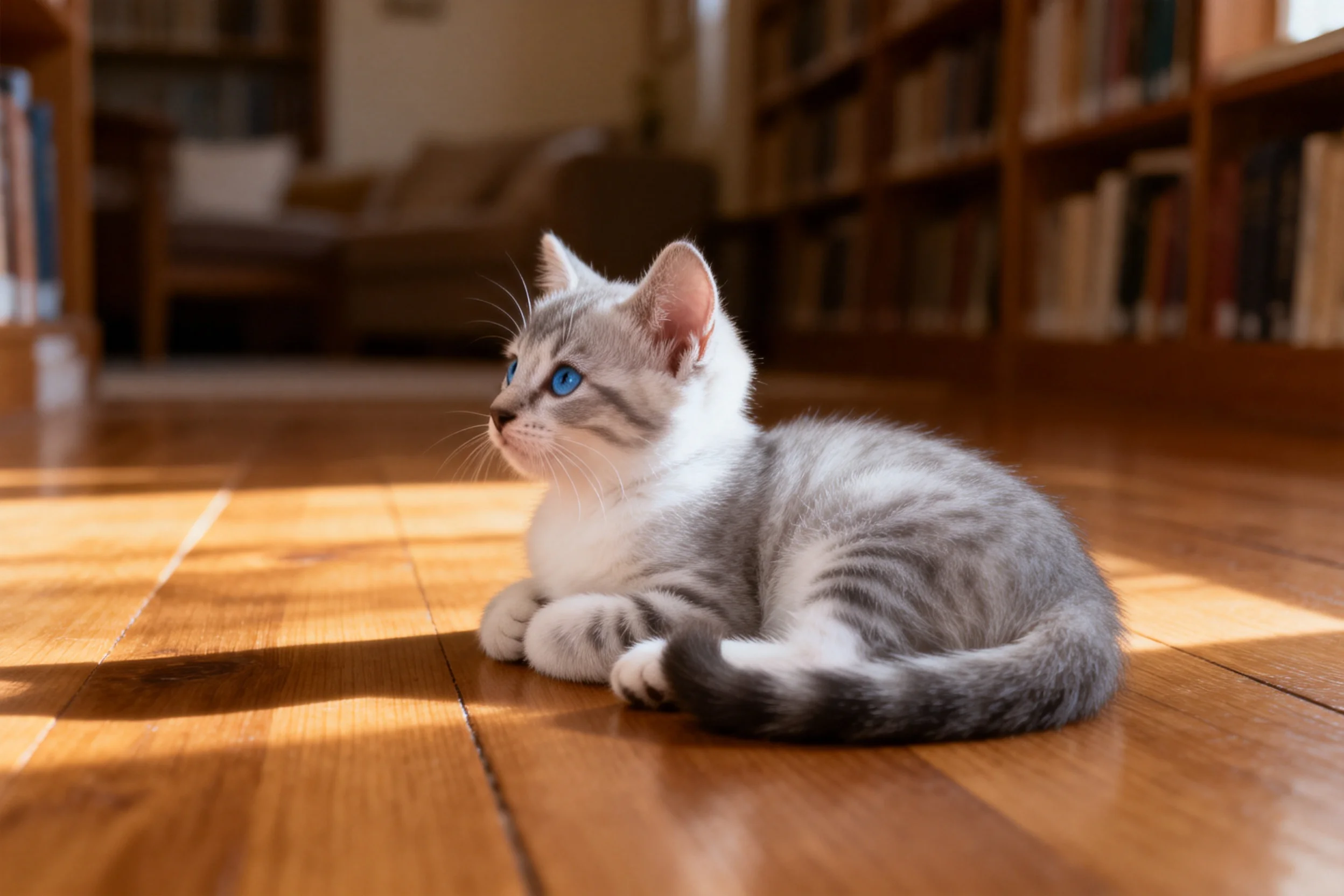 银虎斑短毛猫安静趴卧，蓝眼睛明亮，灰白虎斑被毛清晰可见。