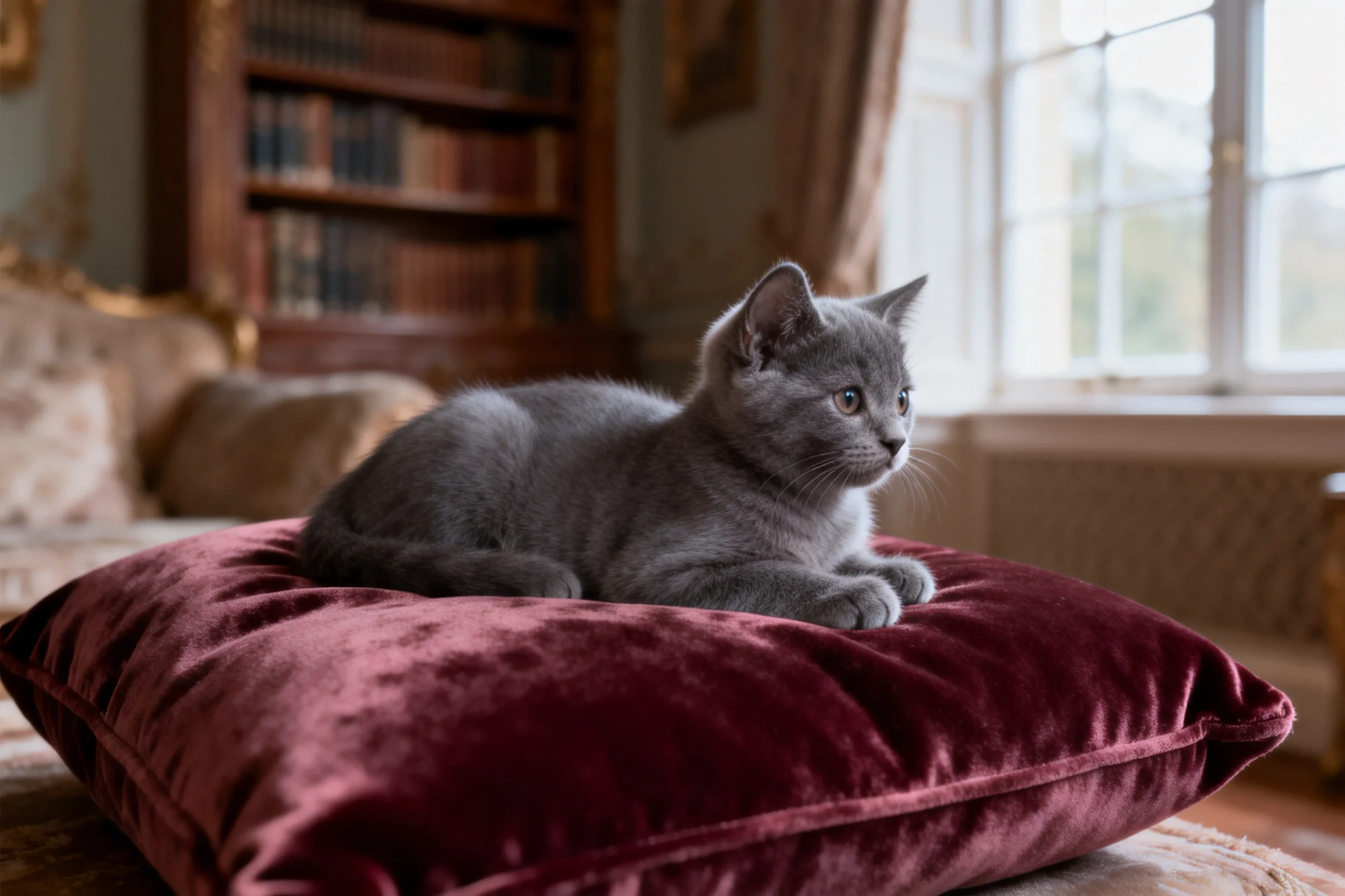 英短蓝猫安静趴在酒红色绒面靠垫上,蓬松柔软的灰色毛发清晰可见。