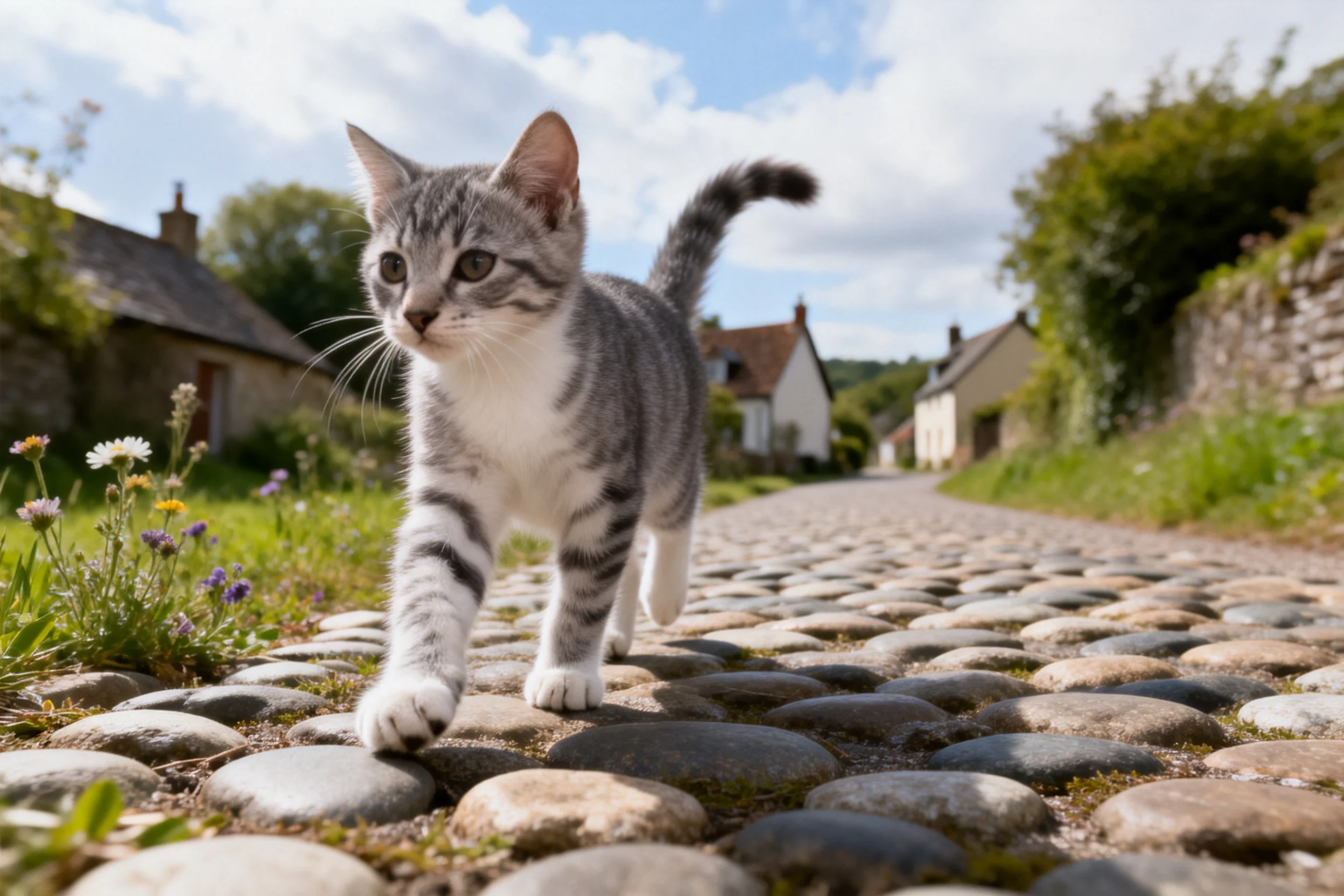 一只短毛虎斑猫,灰白相间的条纹毛发清晰可见,正走在乡村的石板路上。