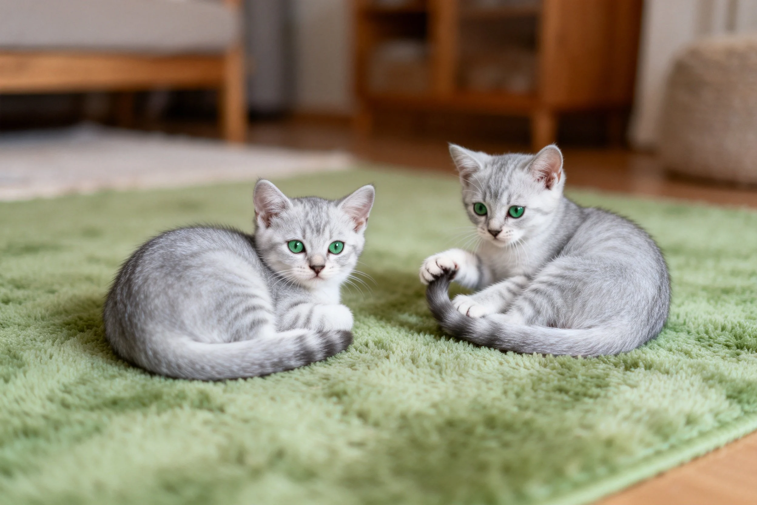图中有两只银灰色的英国短毛猫,它们有着圆润的脸型与明亮的绿色眼睛,正安静地趴在绿色地毯上。