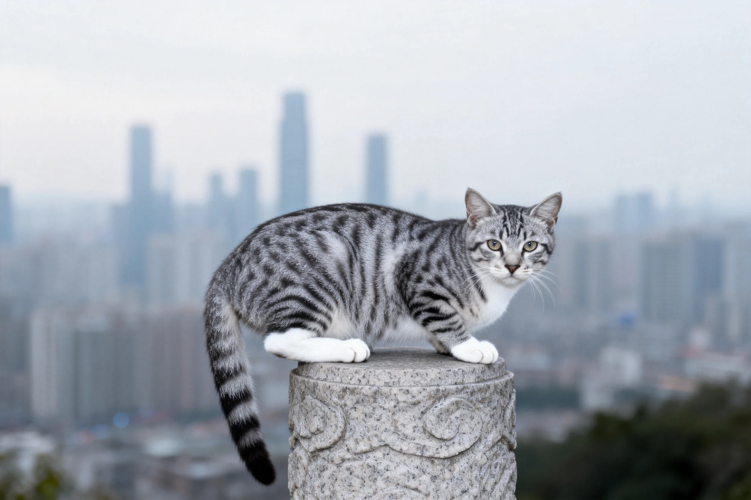灰虎斑短毛猫站在石制柱顶,身上清晰的虎斑纹路和白色爪子十分明显。