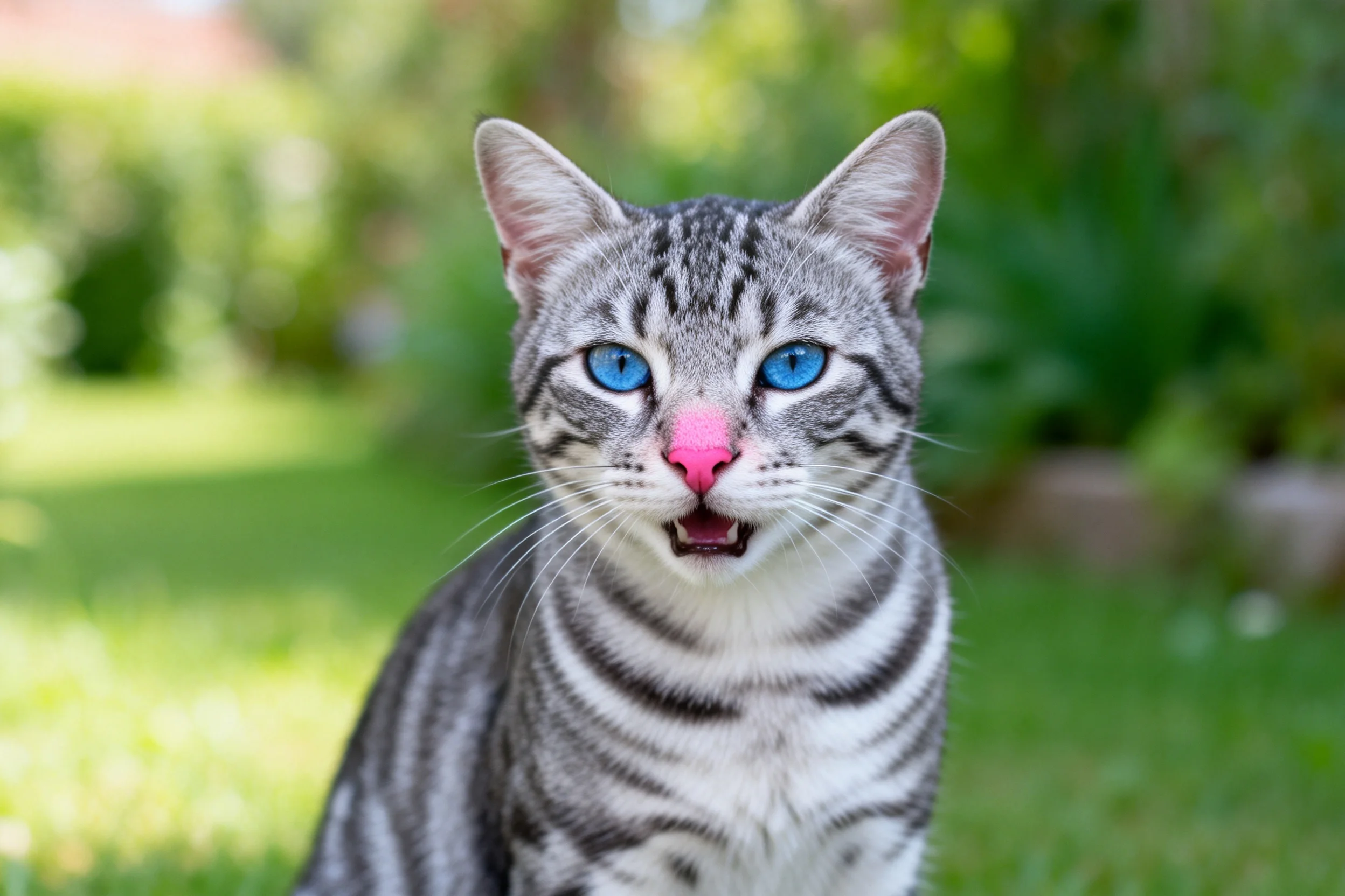 孟加拉猫拥有蓝眼睛和粉色鼻头,正面向镜头方向,嘴巴微张。