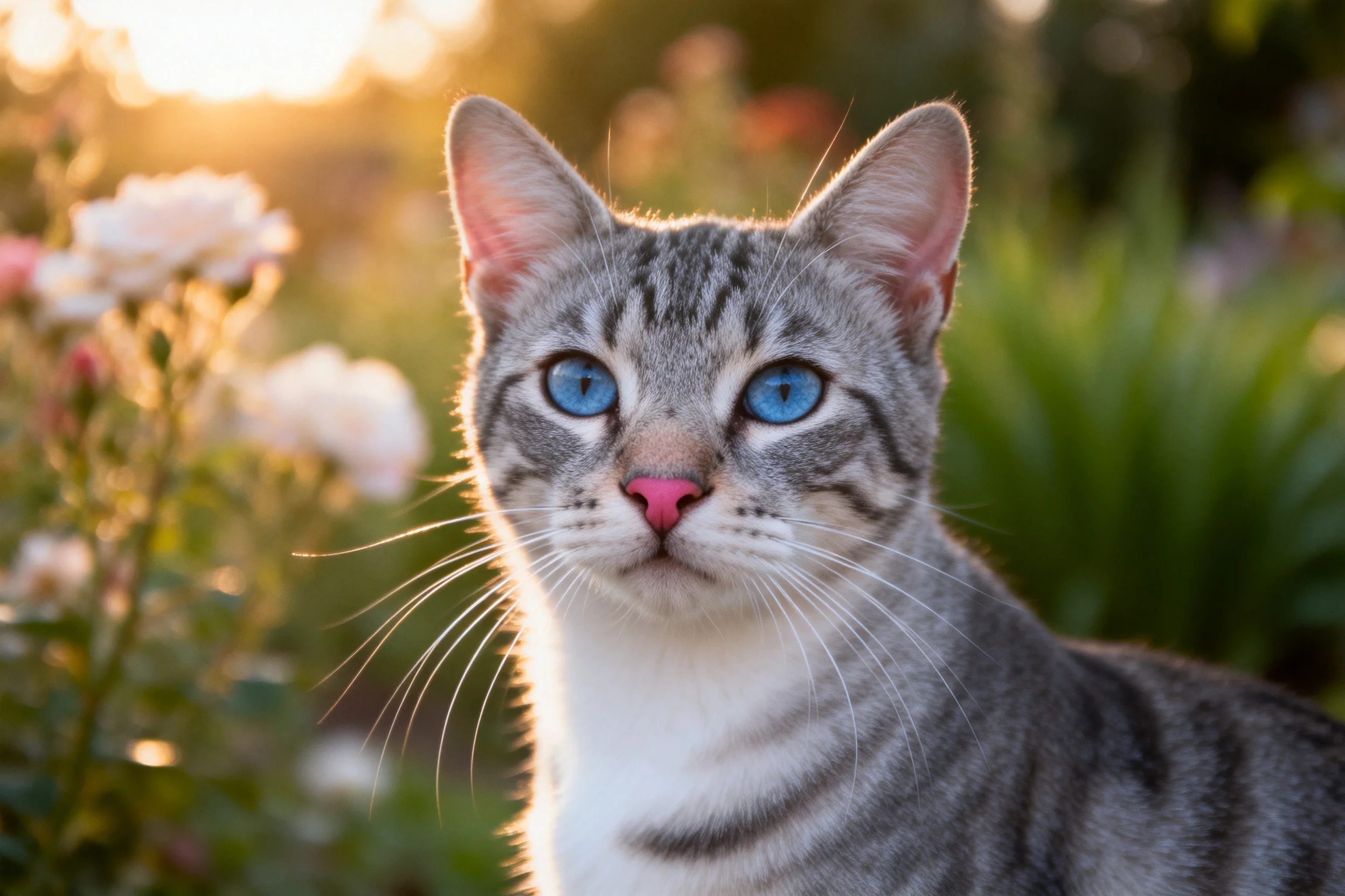 短毛虎斑猫拥有明亮的蓝色眼睛和清晰的虎斑纹理,粉色鼻尖在柔和光线映衬下更显可爱。