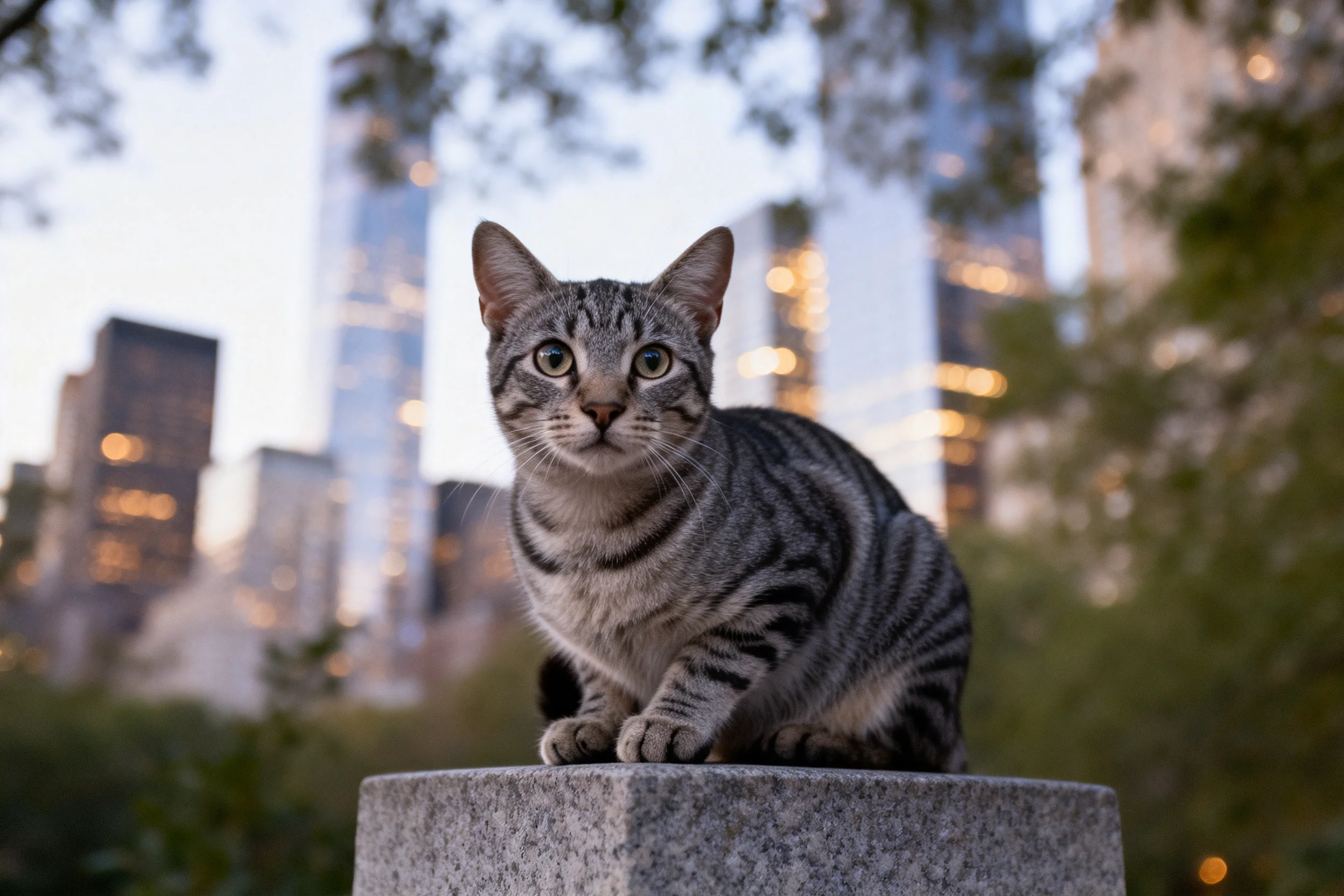 短毛虎斑猫安静地站在城市石柱上,绿色眼睛注视镜头,身上有清晰的虎斑纹路。