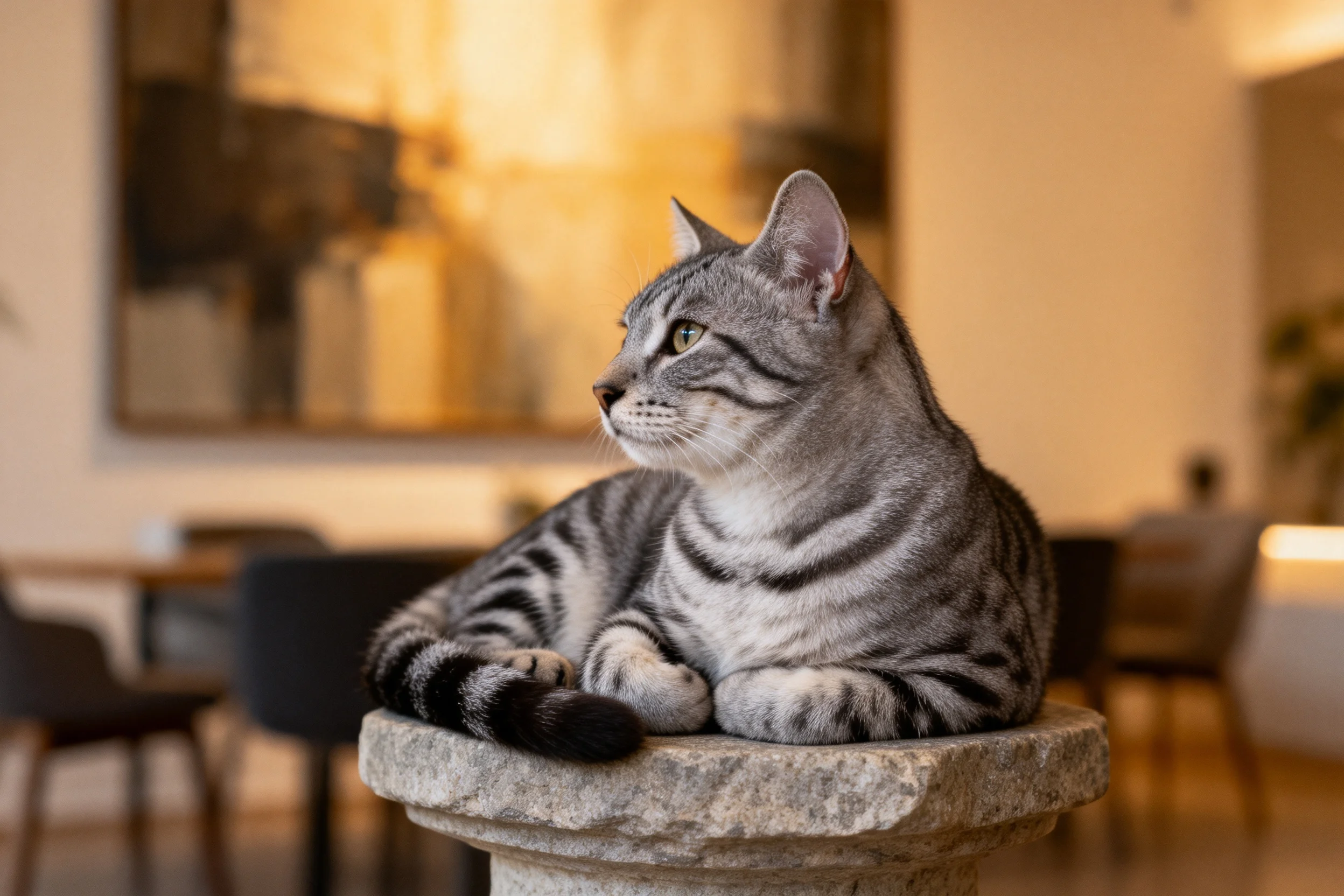 虎斑短毛猫安静趴在石质平台上,银灰底色搭配深色条纹,毛发柔软顺滑。