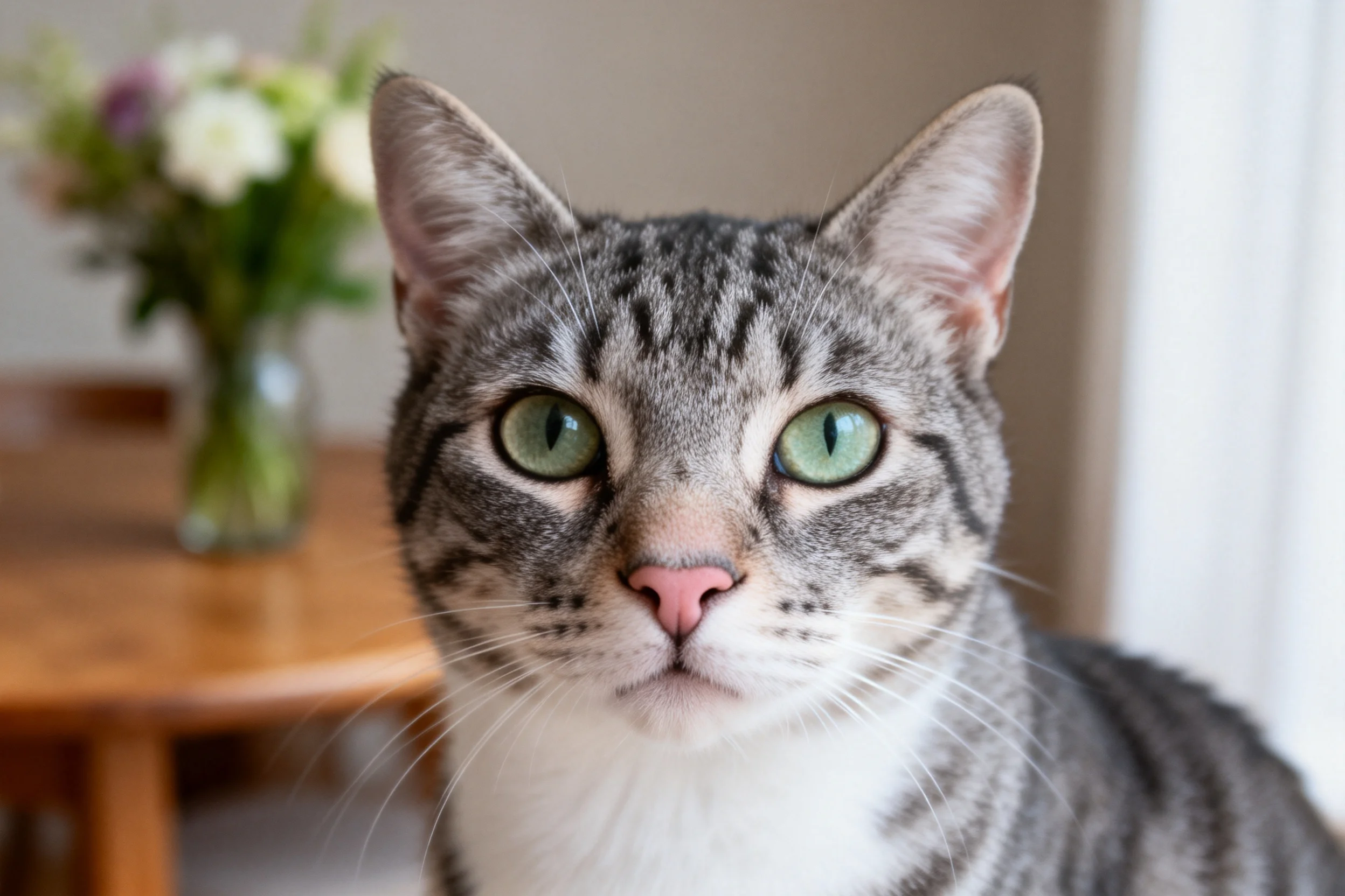 灰虎斑短毛猫拥有翠绿色眼睛和清晰的虎斑纹皮毛,胡须洁白修长。