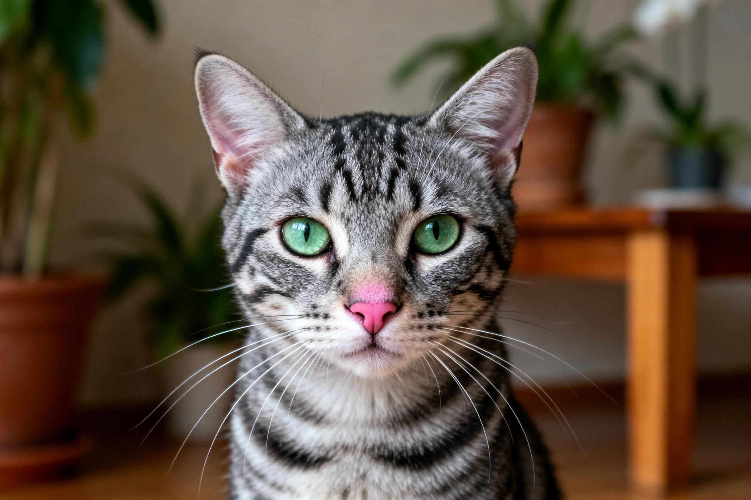 虎斑短毛猫凝视镜头,拥有翠绿色眼睛和淡粉色鼻尖,胡须修长。