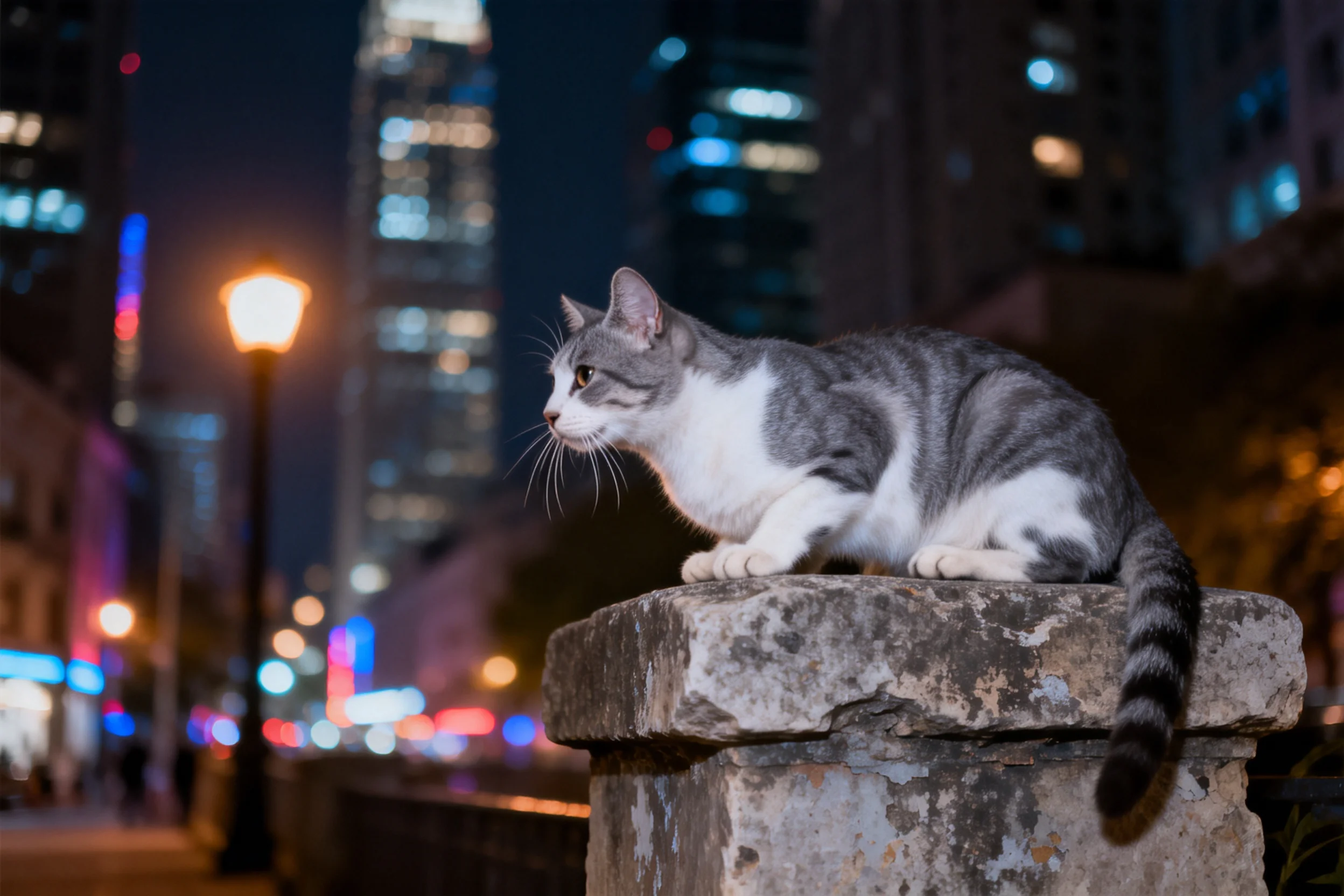 灰白短毛家猫趴在石柱上,目光专注地凝视前方,毛发清晰可见其短毛特征。