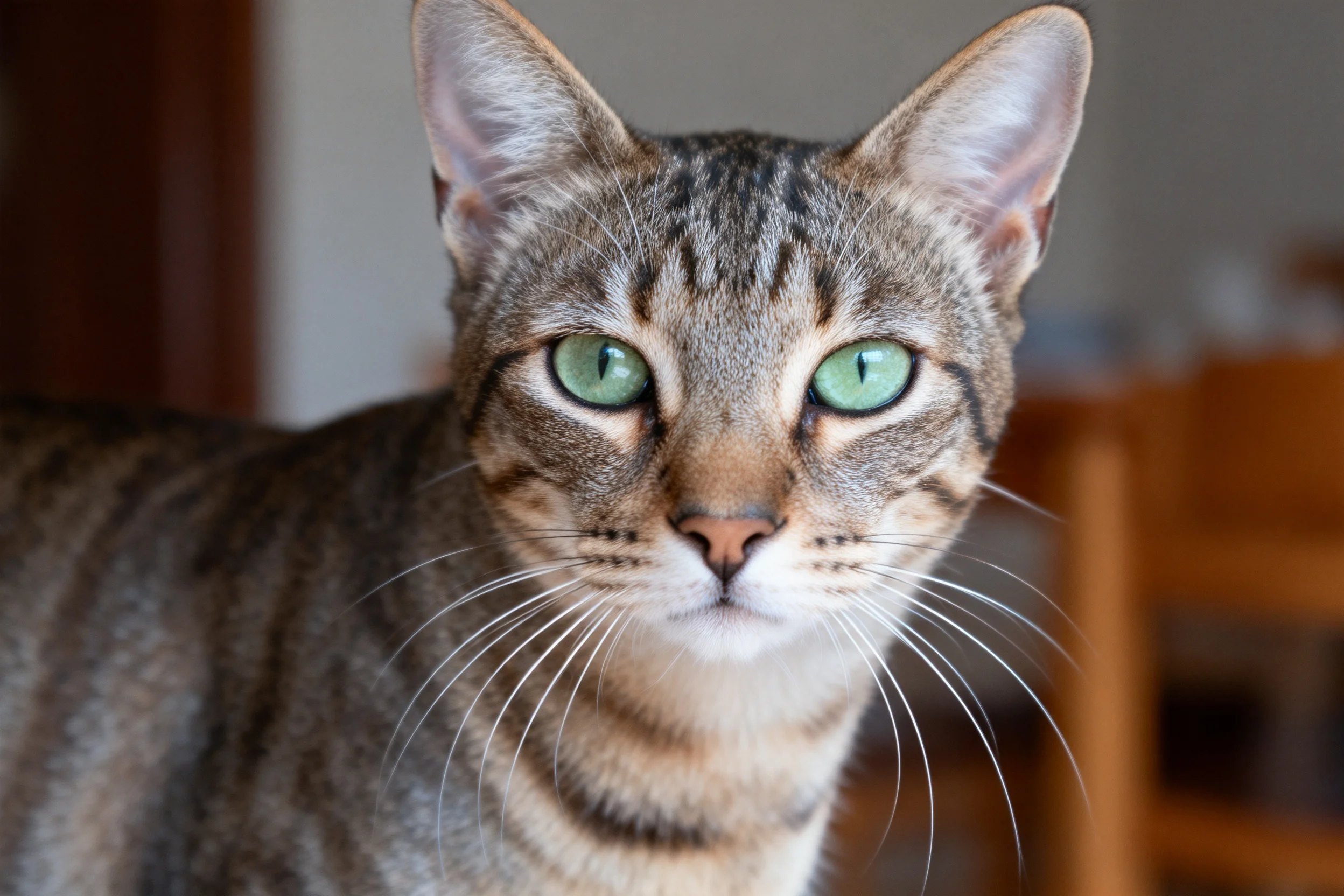 一只短毛虎斑猫,拥有清晰的虎斑纹理和翠绿色眼睛,处于室内环境中。