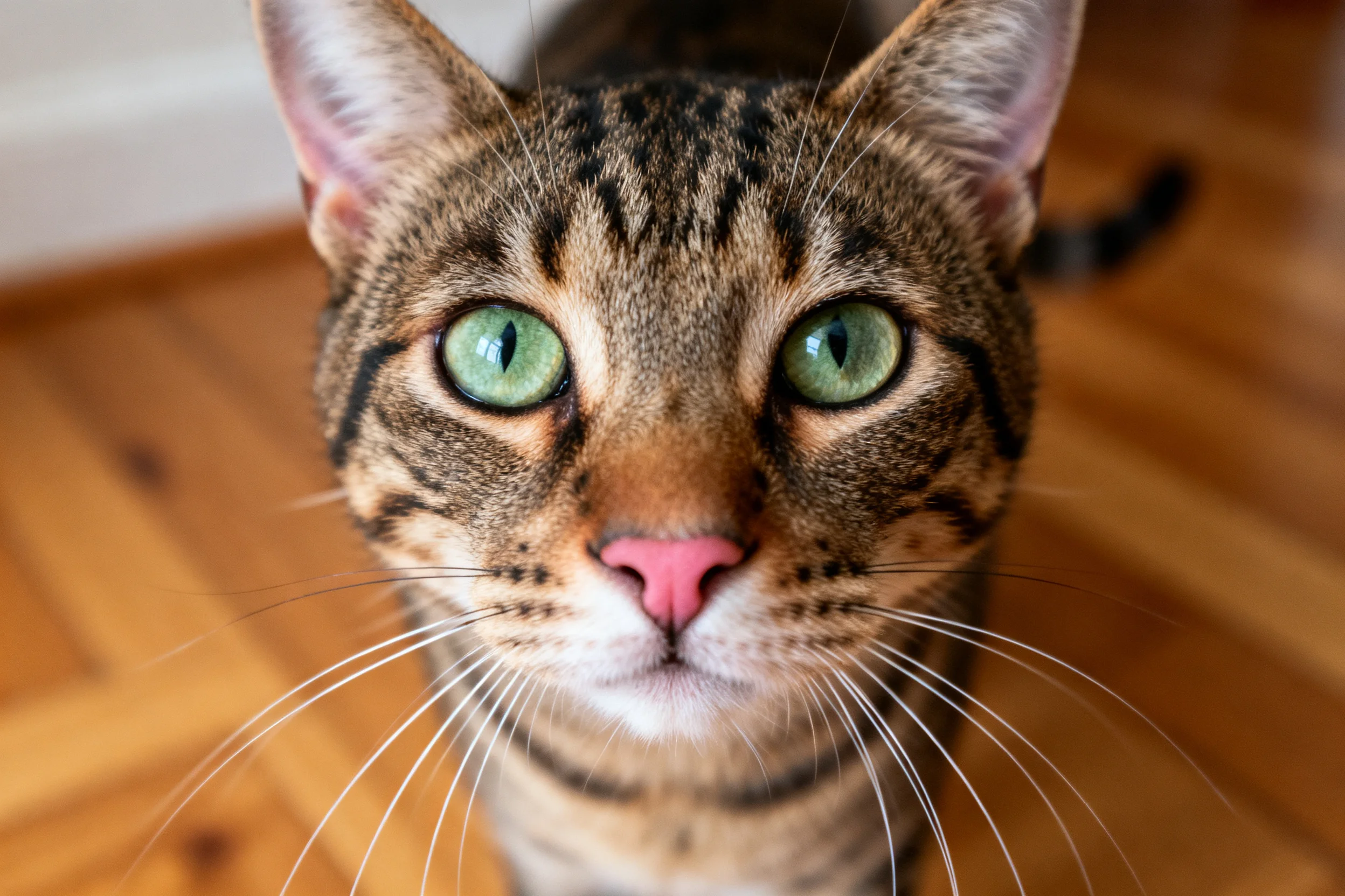 一只绿眼虎斑短毛猫正以近距离视角注视镜头,展现出清晰的斑点花纹和绿色大眼睛特征。