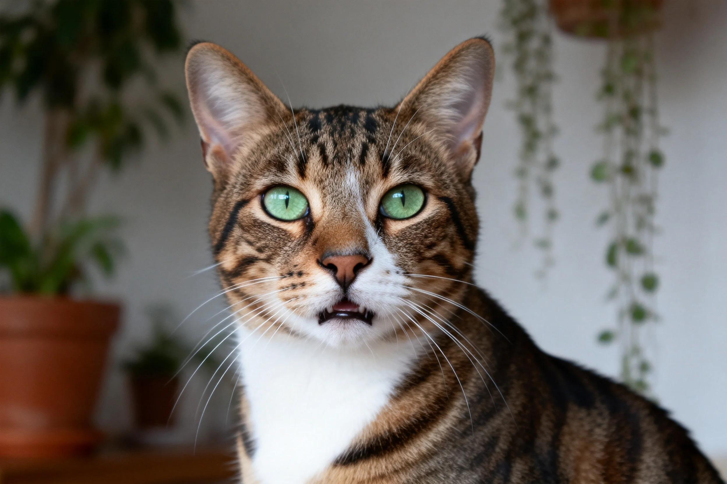 孟加拉短毛猫拥有绿色眼睛和棕色虎斑花纹,毛发短而顺滑,嘴巴微微张开露出牙齿。