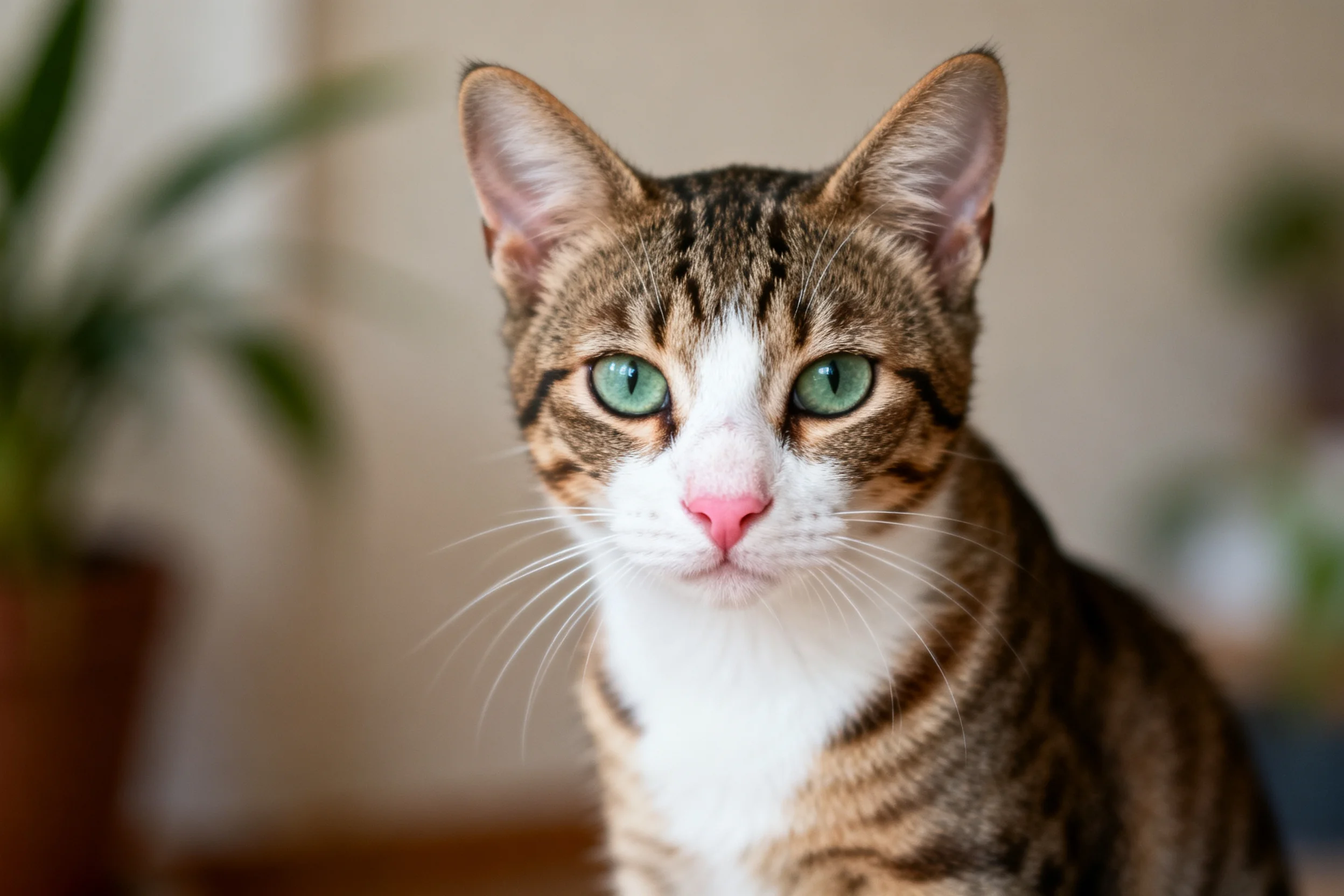 短毛虎斑猫拥有绿色眼睛、白胸部和清晰的胡须,安静地坐在室内环境中。