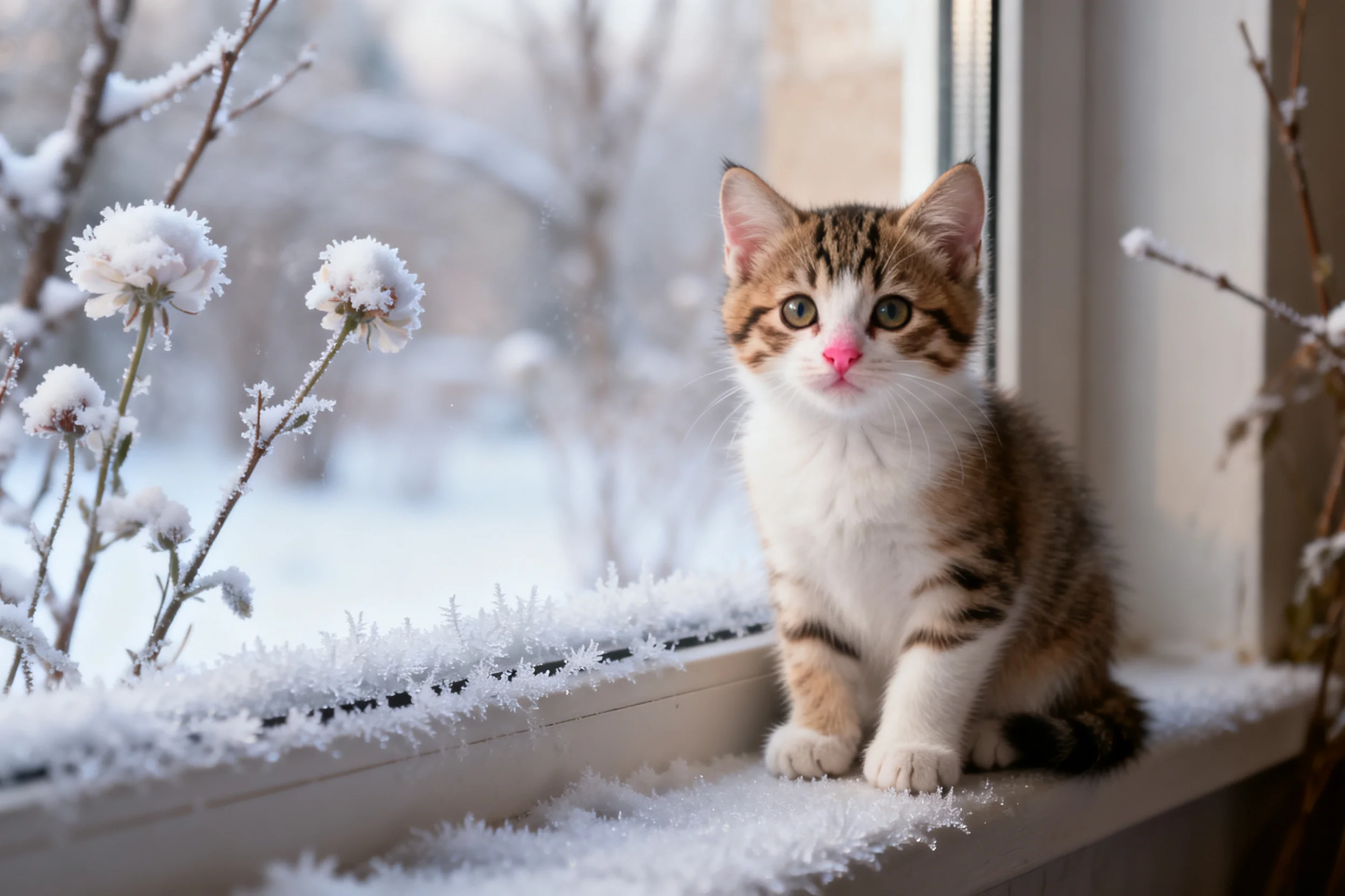 一只短毛虎斑小猫,粉红色鼻尖清晰可见,正安静地坐在被冰雪覆盖的窗台上。