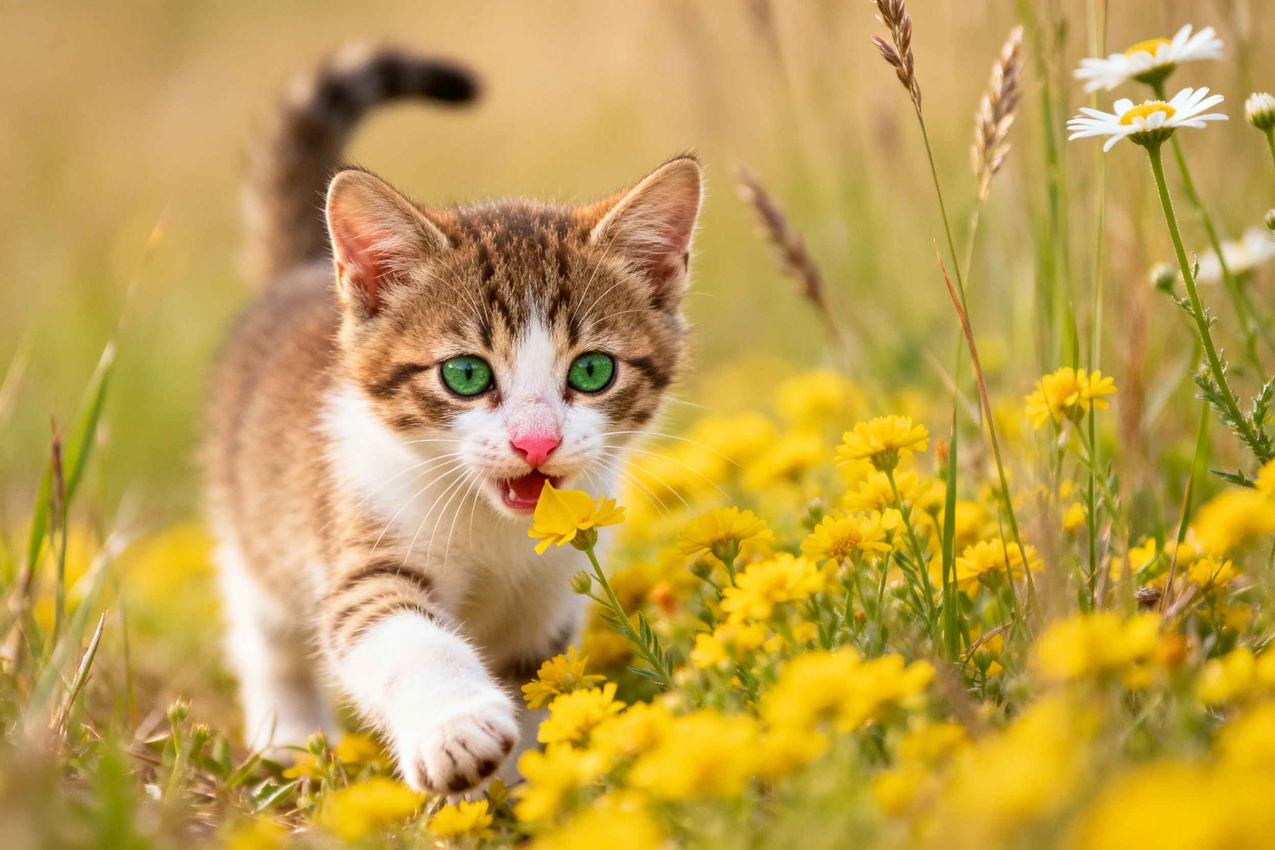 短毛虎斑小猫用爪子触碰黄色小花,绿色眼眸明亮清澈。