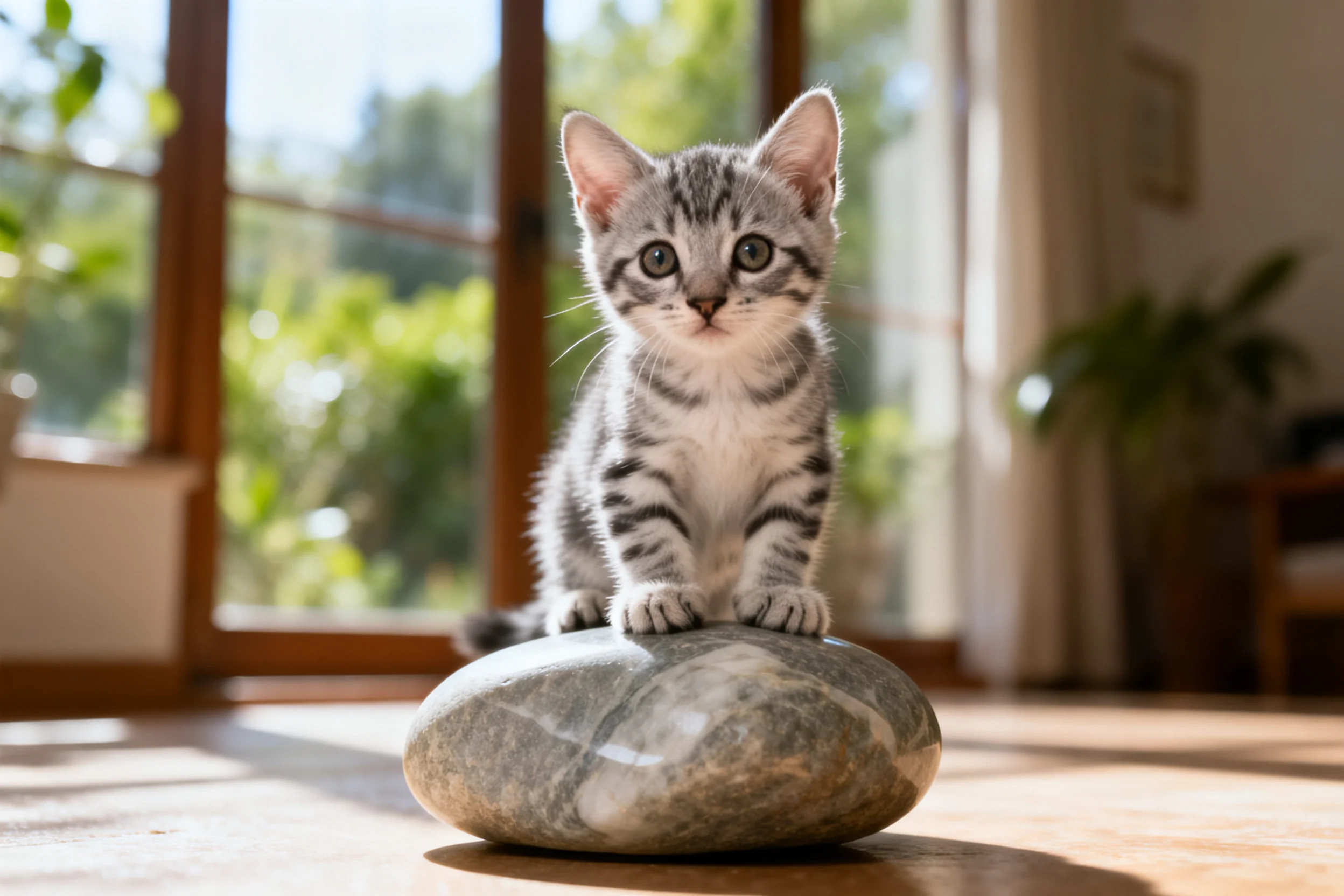 一只短毛虎斑猫正站在表面光滑的椭圆形石头上,双眼明亮注视着镜头方向,周围是透光的窗户和室内空间。
