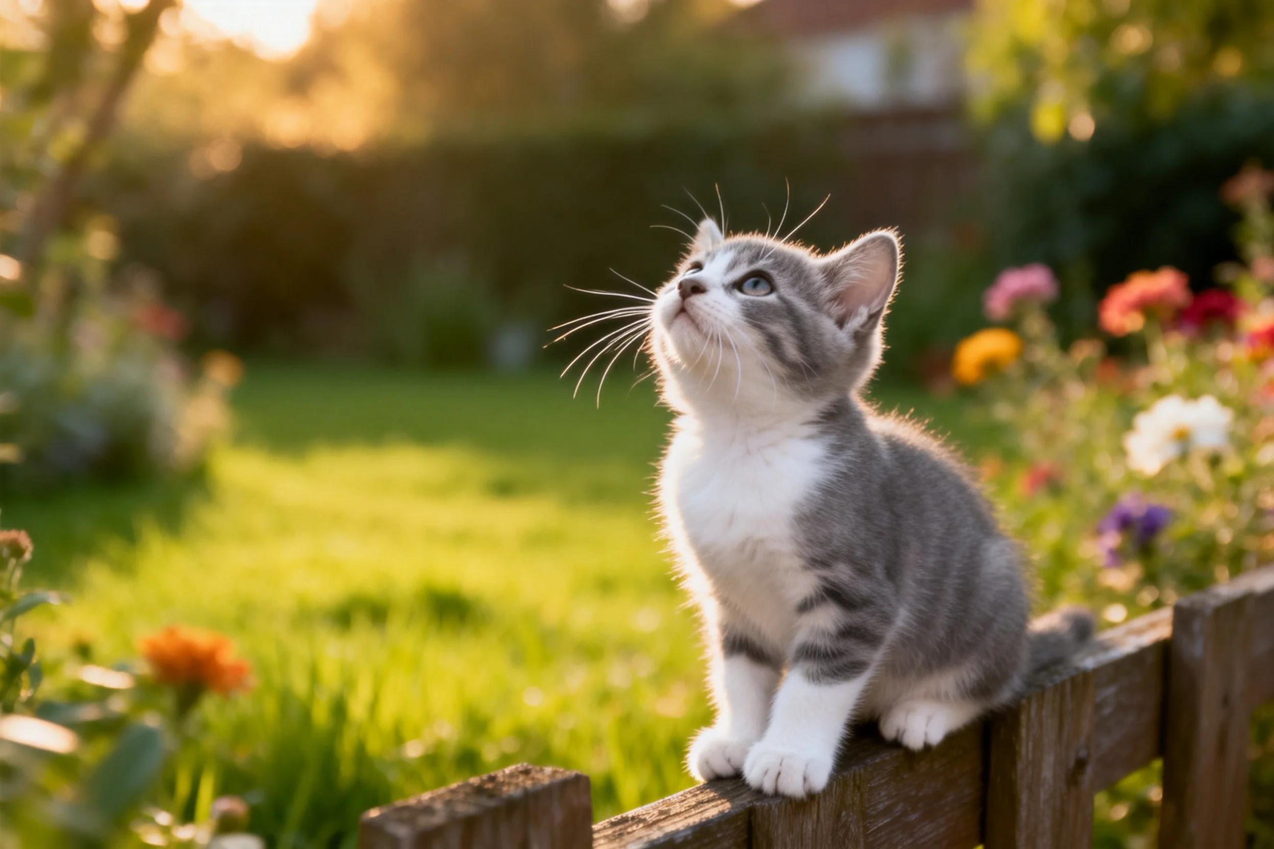 灰白短毛家猫抬头凝望天空,柔软的灰白色被毛与木质栅栏形成鲜明对比。