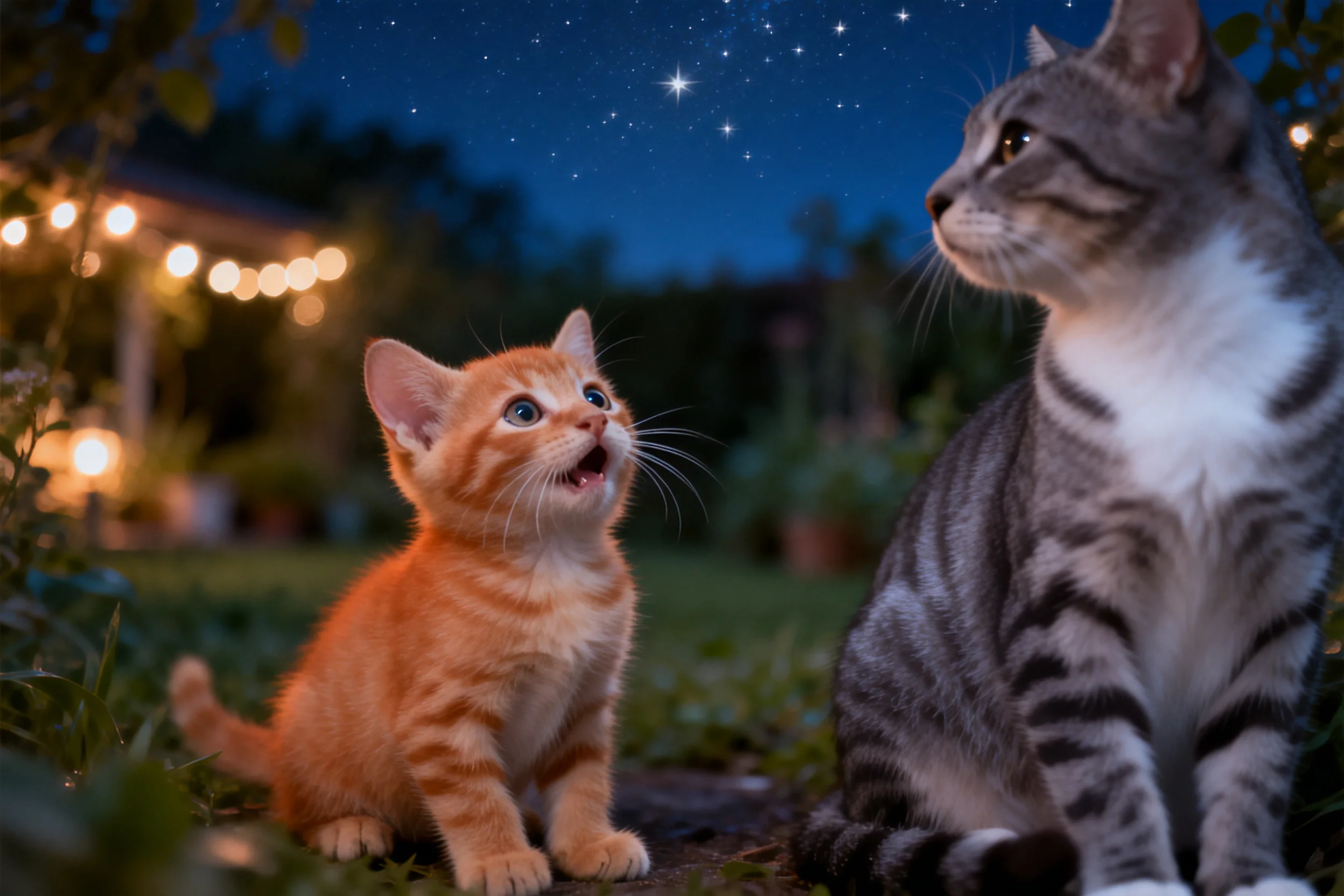 一只橘色短毛小猫抬头张着嘴巴,身旁站着一只灰色虎斑短毛猫,背景是夜晚的星空与花园环境。