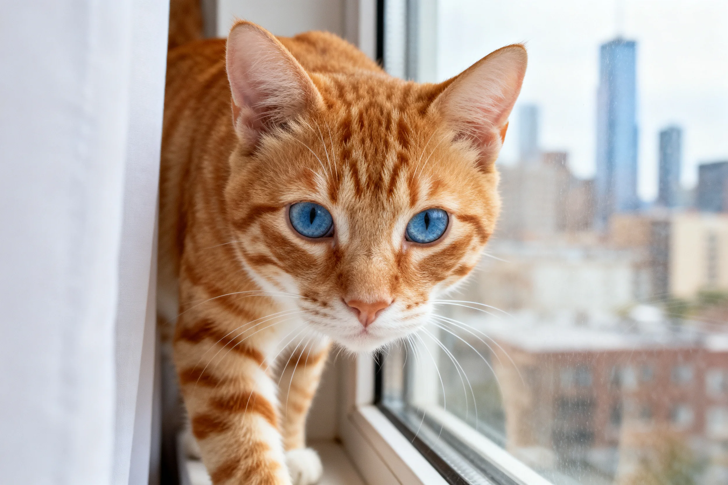 橘色虎斑短毛猫有着明亮的蓝色眼睛,正站在窗台上观察外界。