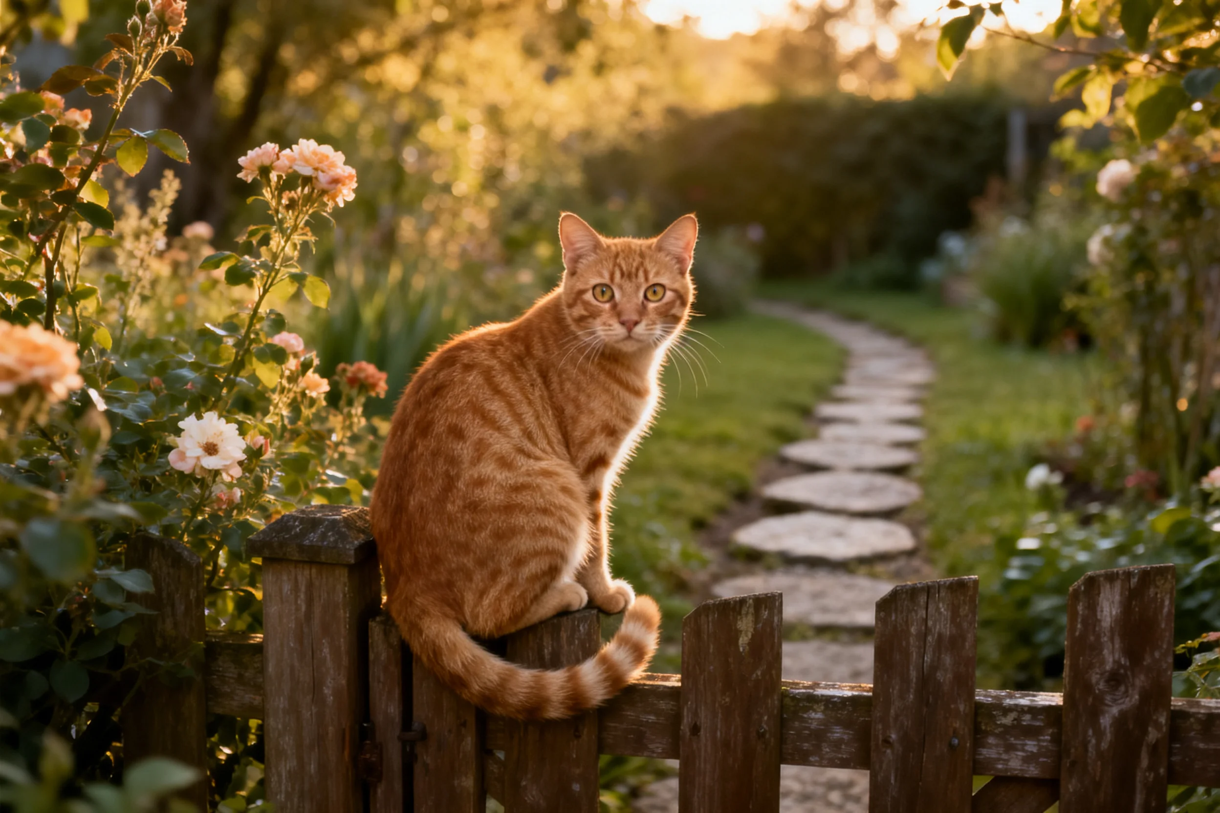 短毛虎斑猫的金色皮毛带有深色条纹,正坐在木栅栏上凝视前方。