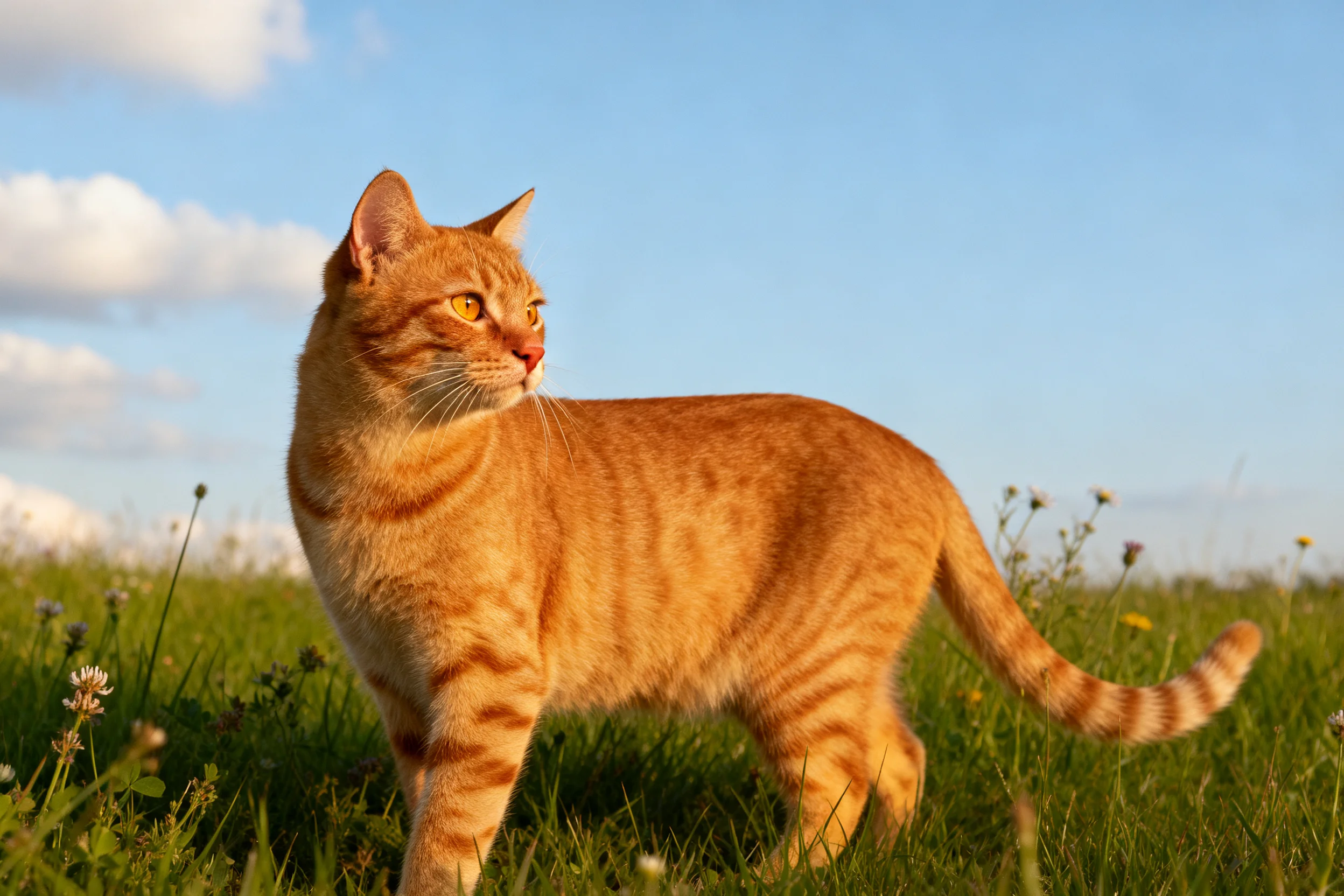 橙色虎斑短毛猫站立在草地上,皮毛呈现出清晰的条纹图案,耳朵竖立凝视远方。