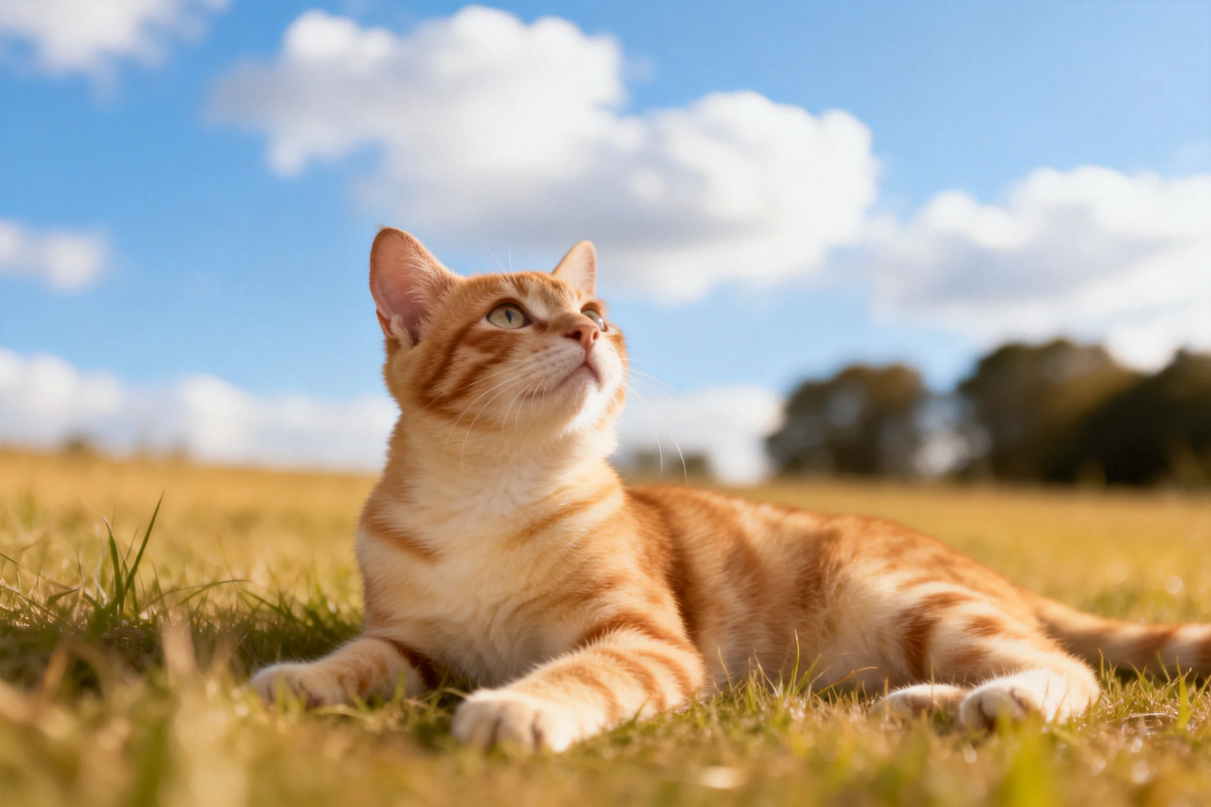橘色虎斑猫仰望着天空,其橙白相间的条纹皮毛在阳光下显得格外清晰。