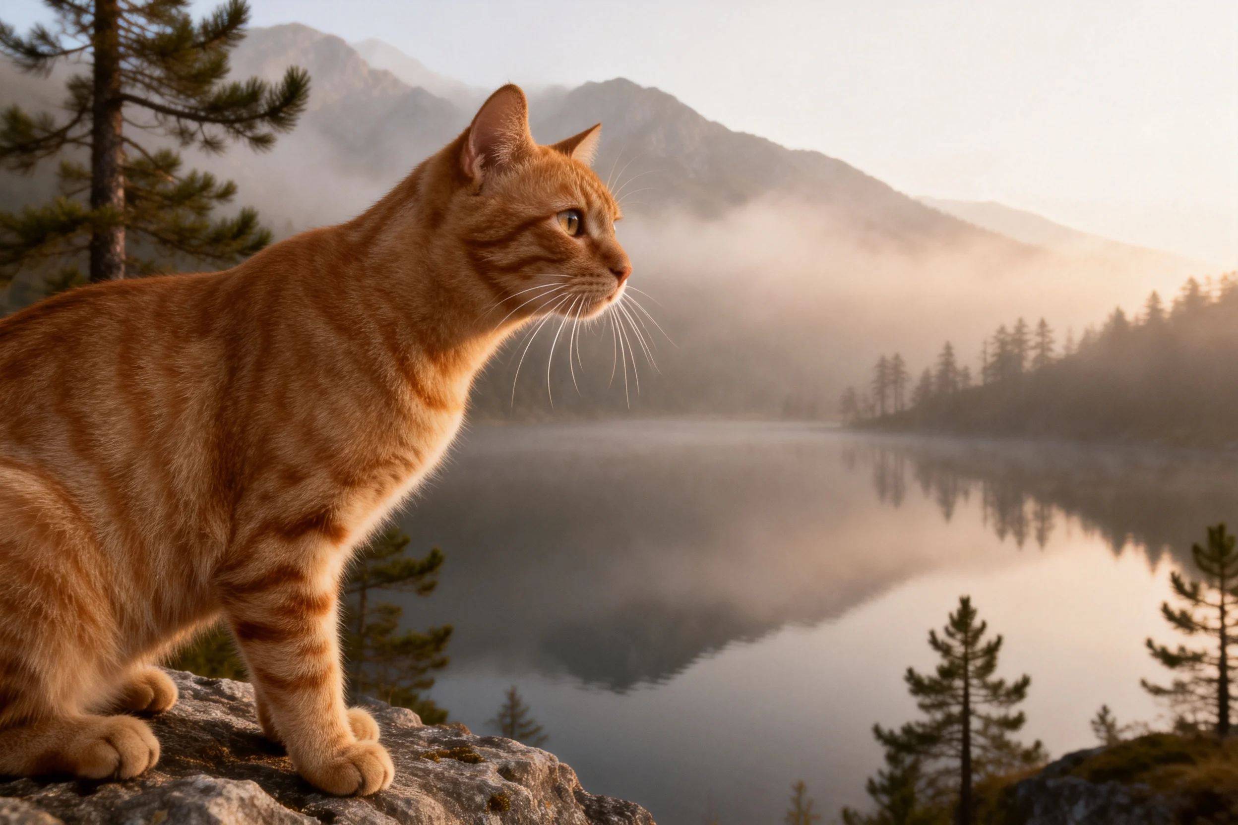橘色短毛虎斑猫站在岩石上,身上清晰的虎斑纹在光线下显得格外醒目。