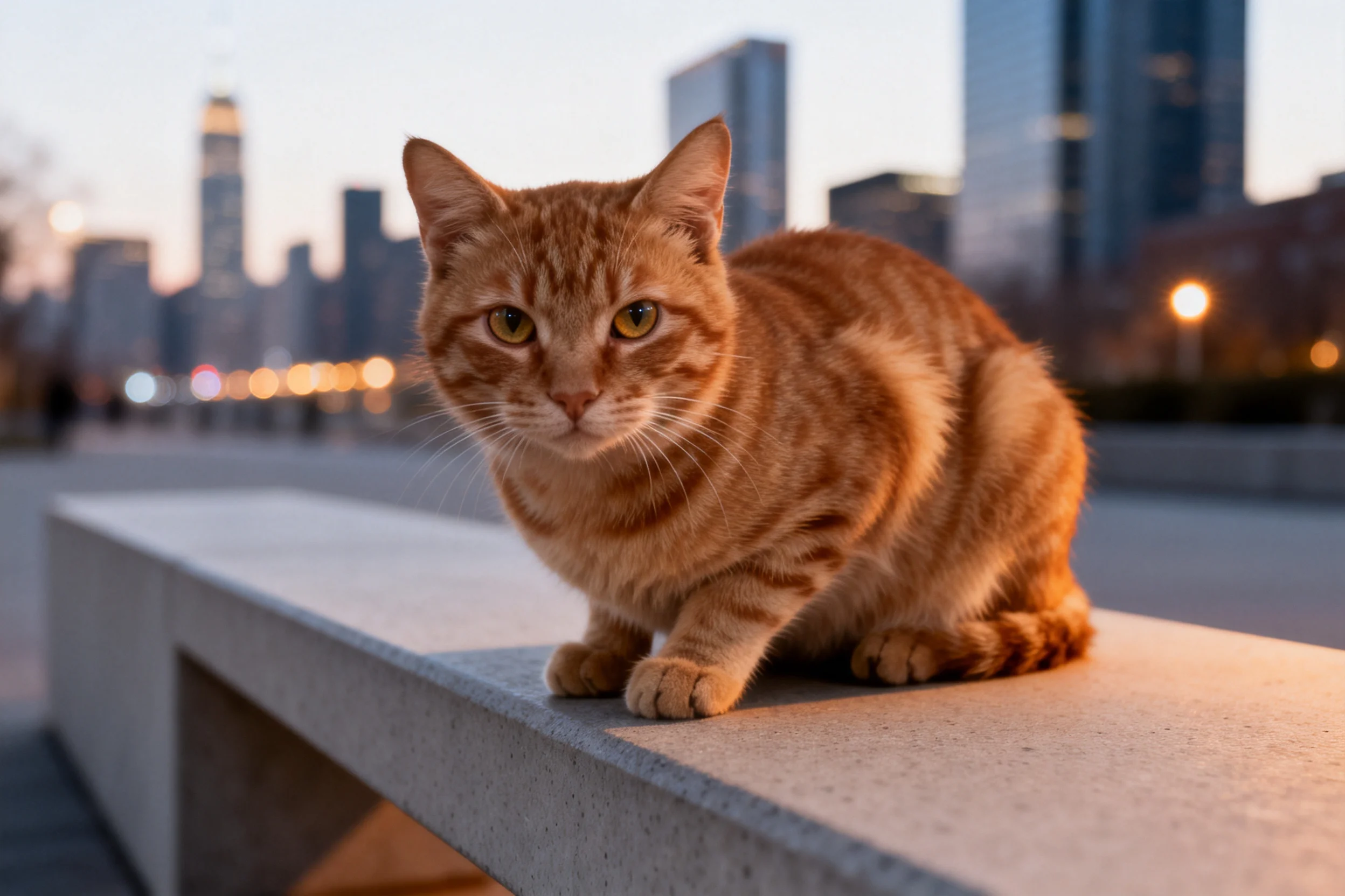 一只短毛橙虎斑猫,黄色的虎斑纹理清晰,正安静地趴在混凝土边缘处。