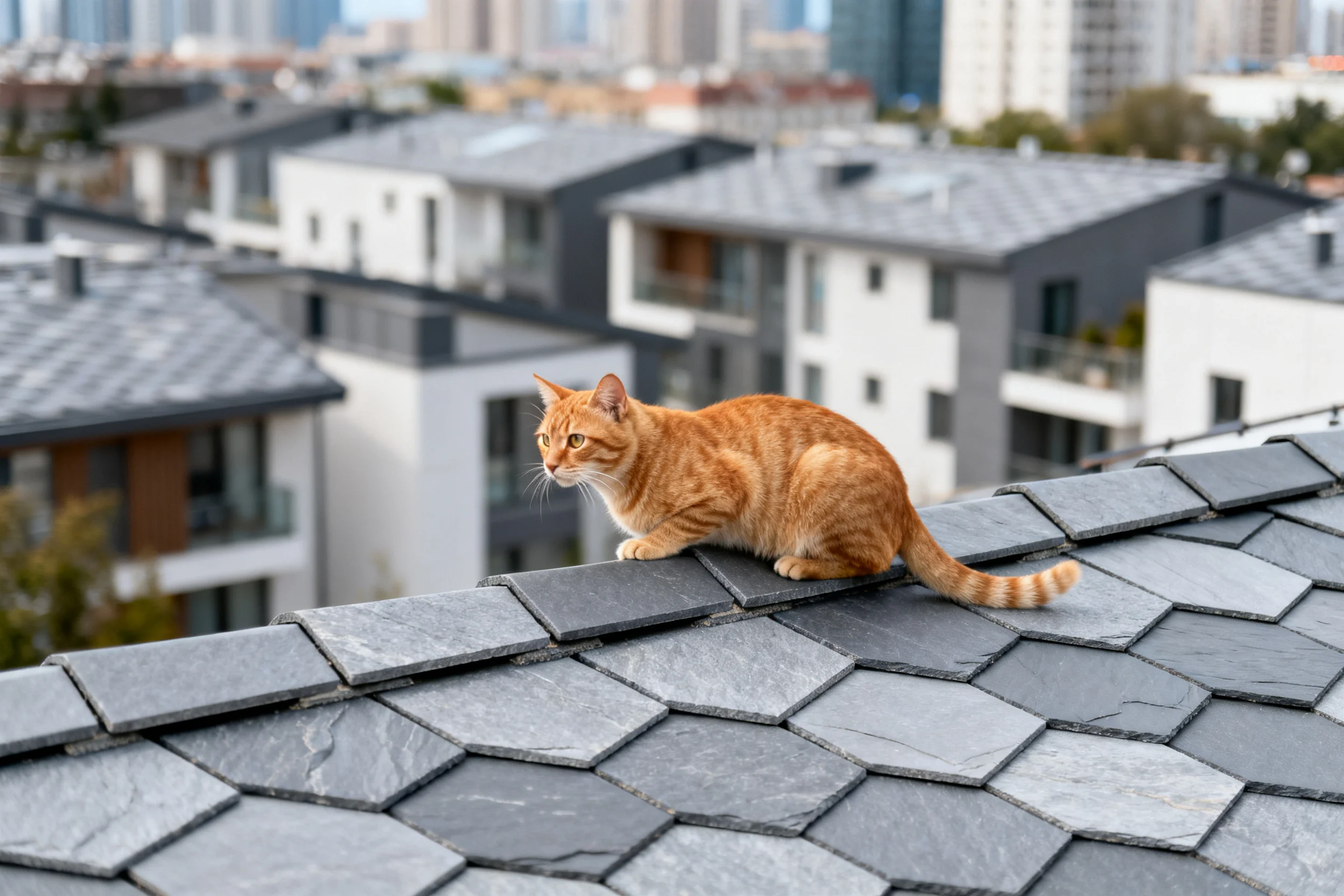 短毛橙虎斑猫趴在灰色石材屋顶边缘,橘色带条纹的毛发清晰可见。