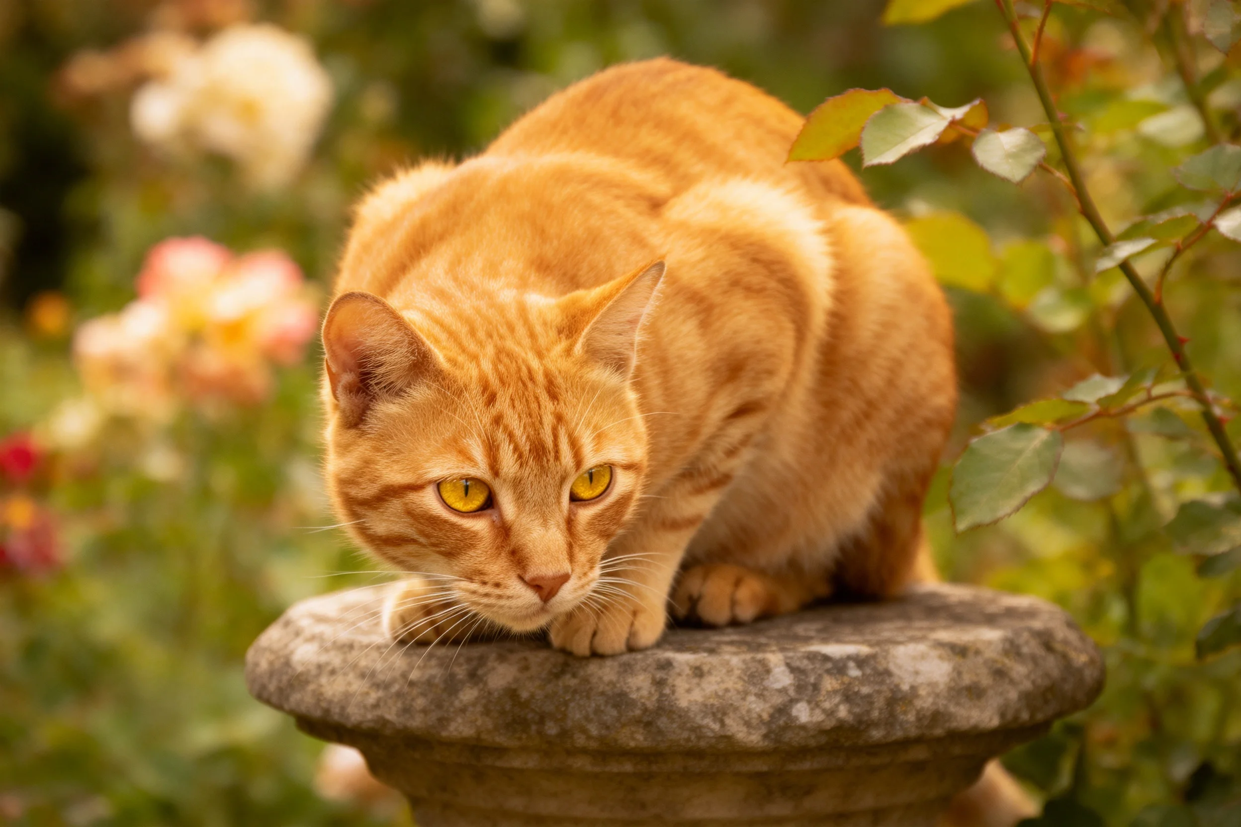 橘色短毛猫趴在石质平台上,橙黄色带条纹的被毛在光线下清晰可见,眼神专注。