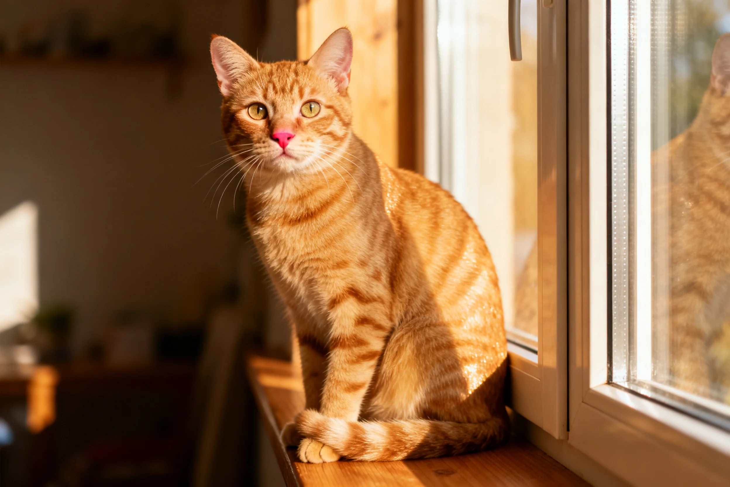 橙虎斑短毛猫安静地坐在窗台上,金色的皮毛带有清晰的条纹,阳光照射下皮毛显得柔软有光泽。