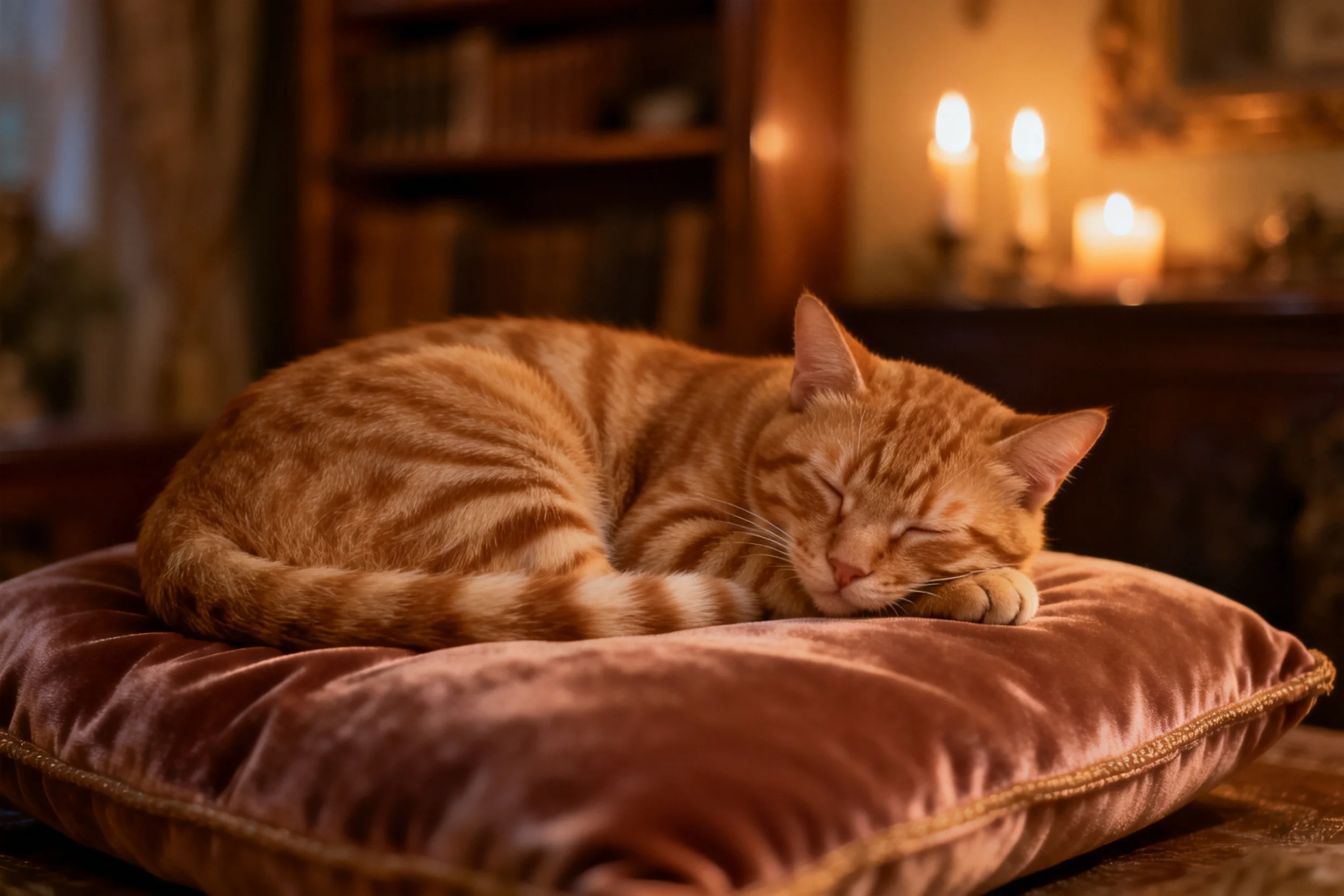 一只短毛虎斑猫，前爪轻放身侧，处于睡眠状态，橘色虎斑纹理清晰。